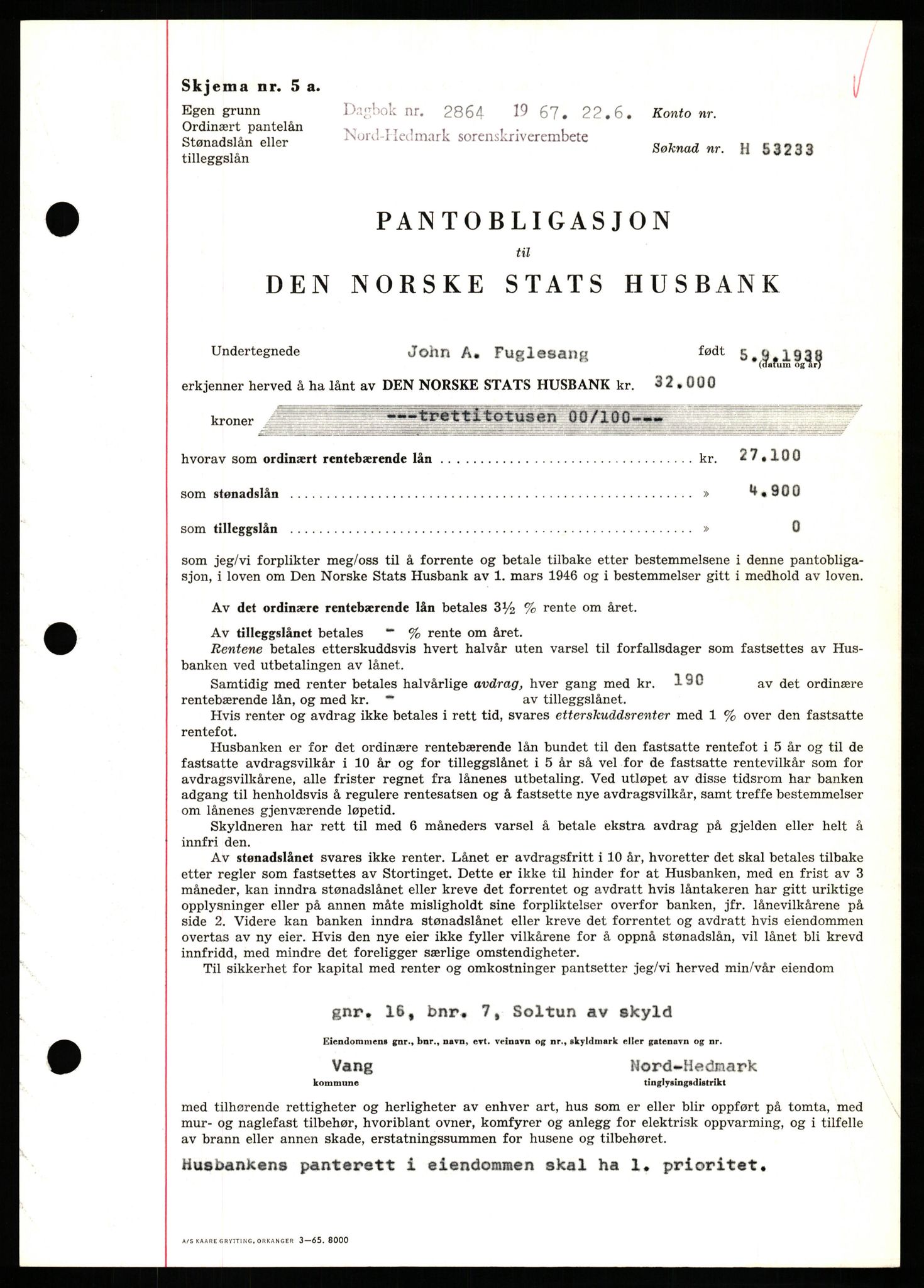 Nord-Hedmark sorenskriveri, SAH/TING-012/H/Hb/Hbf/L0071: Mortgage book no. B71, 1967-1967, Diary no: : 2864/1967