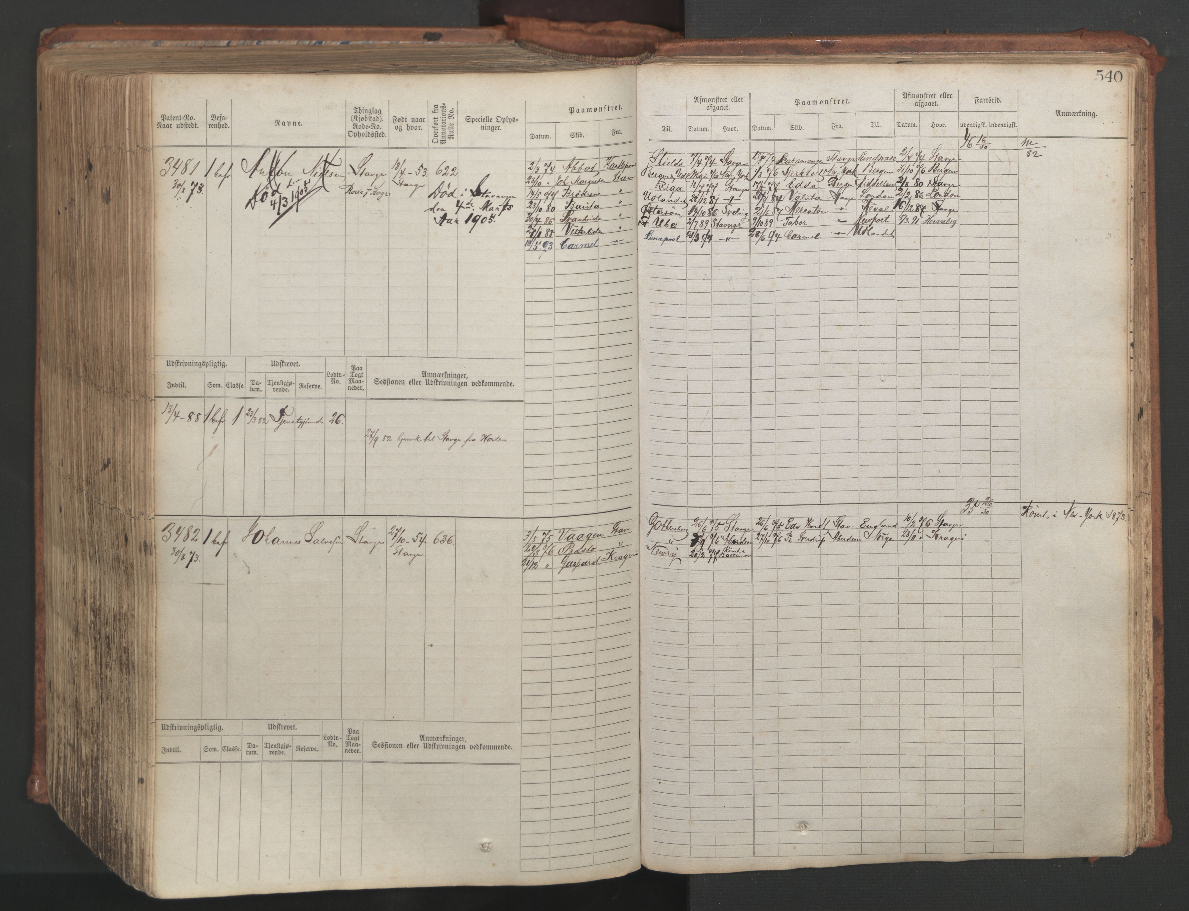 Stavanger sjømannskontor, AV/SAST-A-102006/F/Fb/Fbb/L0007: Sjøfartshovedrulle, patentnr. 2403-3604, 1869-1880, p. 597