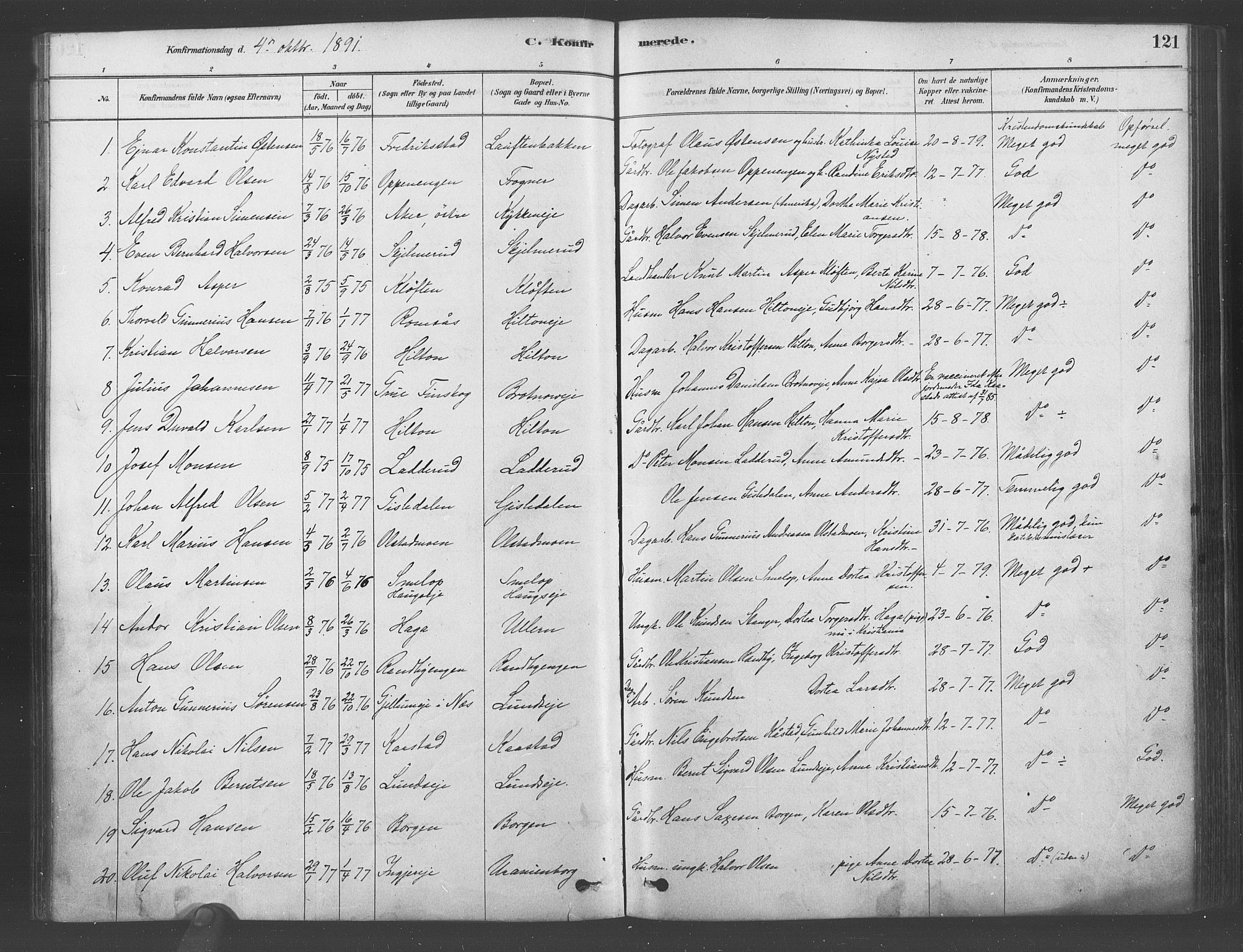 Ullensaker prestekontor Kirkebøker, AV/SAO-A-10236a/F/Fa/L0019: Parish register (official) no. I 19, 1878-1891, p. 121