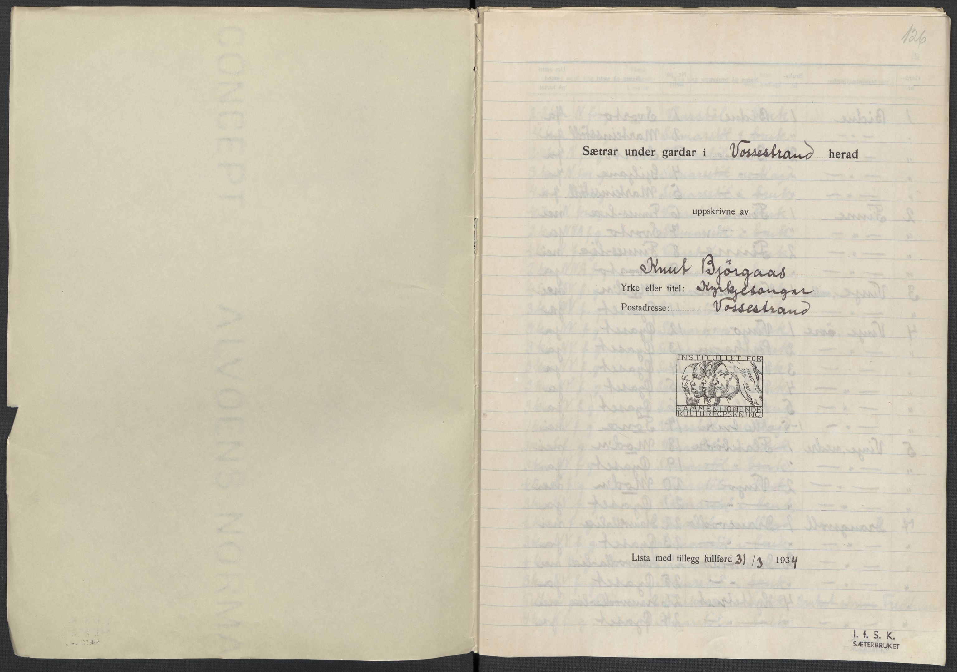 Instituttet for sammenlignende kulturforskning, AV/RA-PA-0424/F/Fc/L0010/0003: Eske B10: / Hordaland (perm XXVII), 1933-1936, p. 126