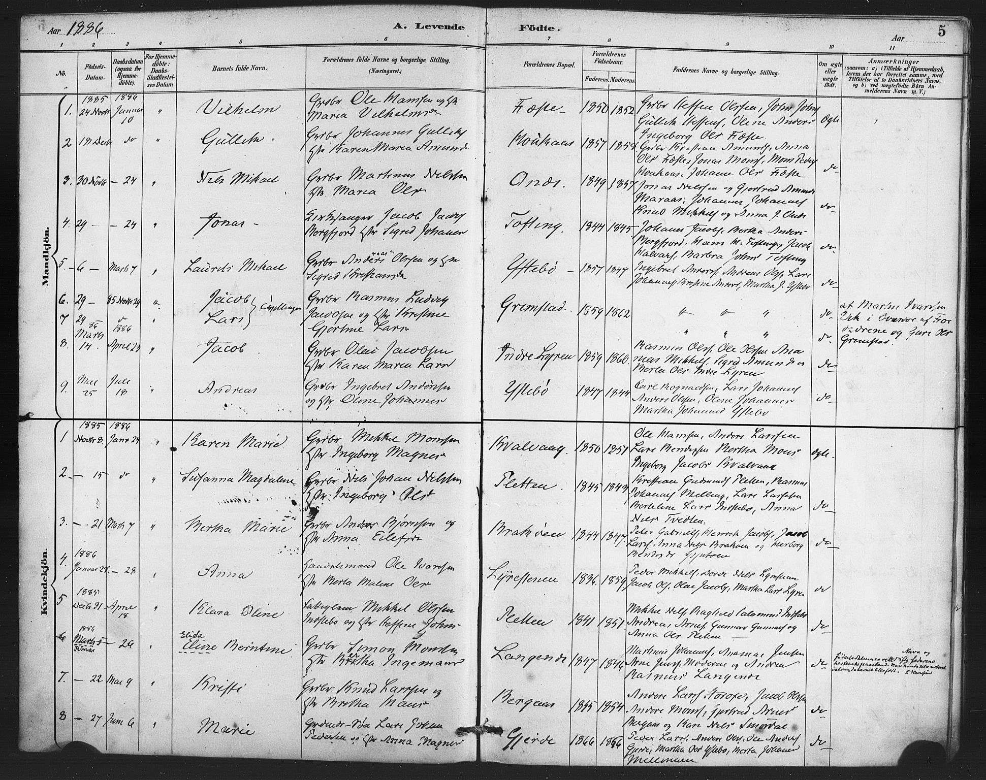 Lindås Sokneprestembete, SAB/A-76701/H/Haa: Parish register (official) no. E 1, 1886-1897, p. 5