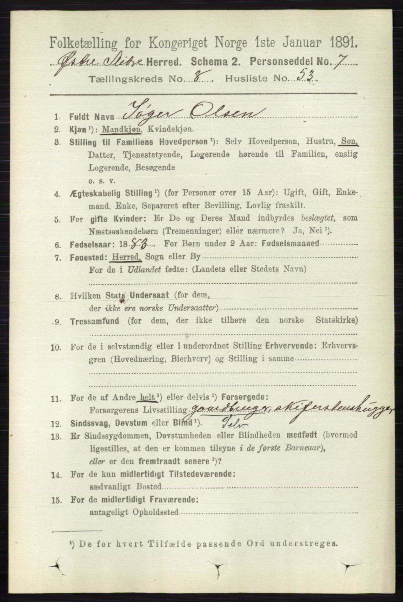 RA, 1891 census for 0544 Øystre Slidre, 1891, p. 2848