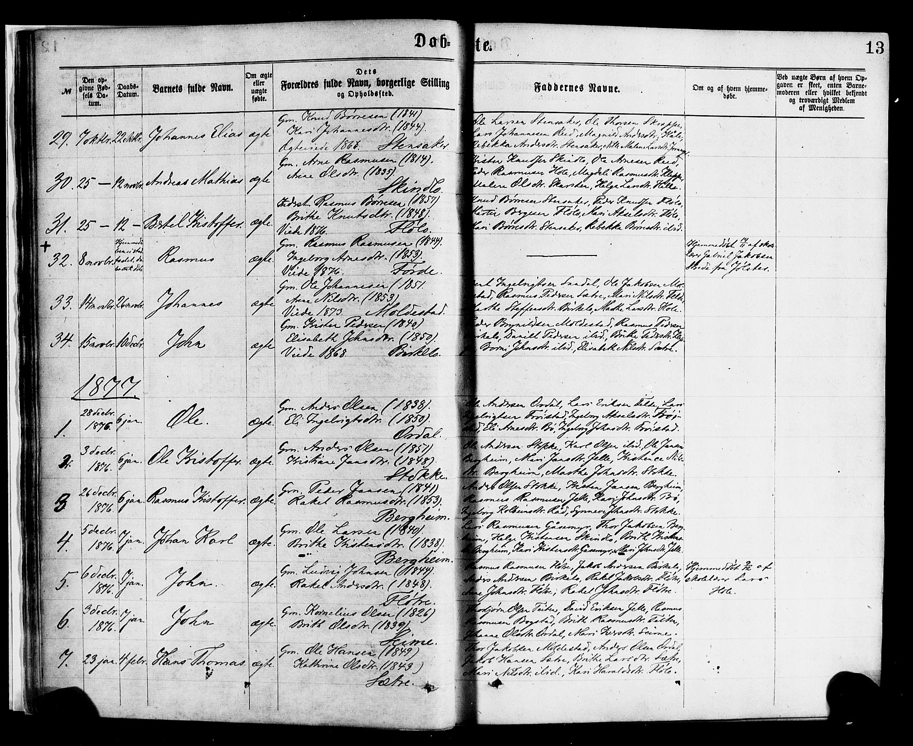 Gloppen sokneprestembete, AV/SAB-A-80101/H/Haa/Haac/L0001: Parish register (official) no. C 1, 1871-1886, p. 13