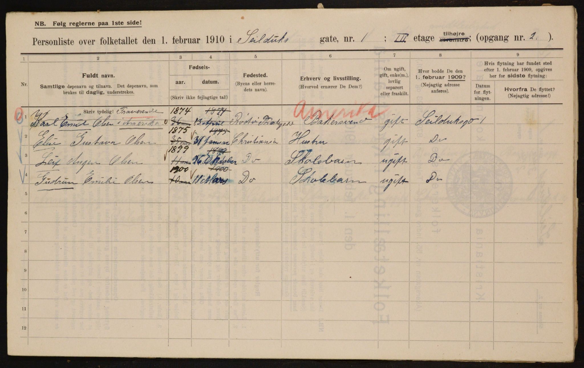 OBA, Municipal Census 1910 for Kristiania, 1910, p. 89611