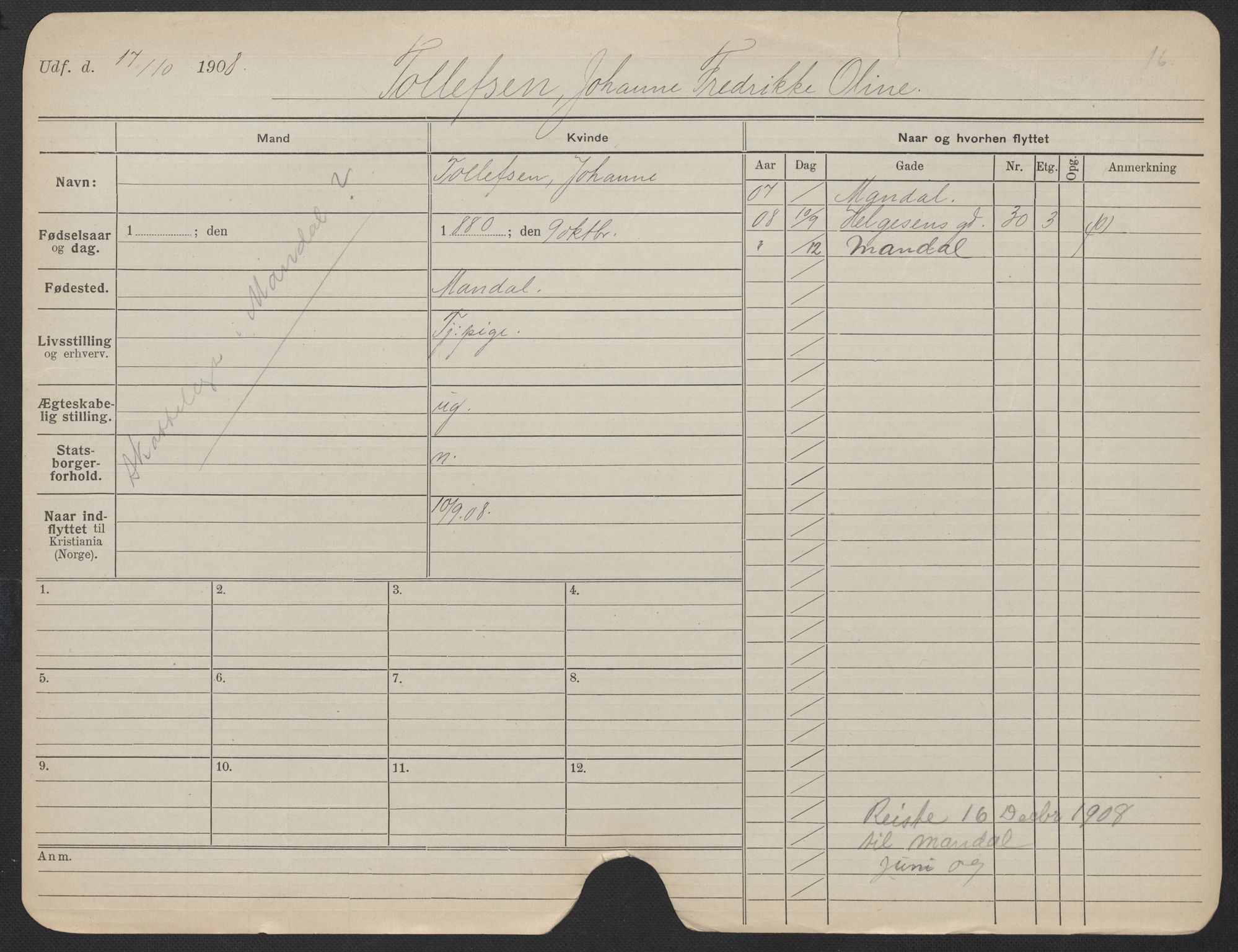 Oslo folkeregister, Registerkort, AV/SAO-A-11715/F/Fa/Fac/L0024: Kvinner, 1906-1914, p. 1149a