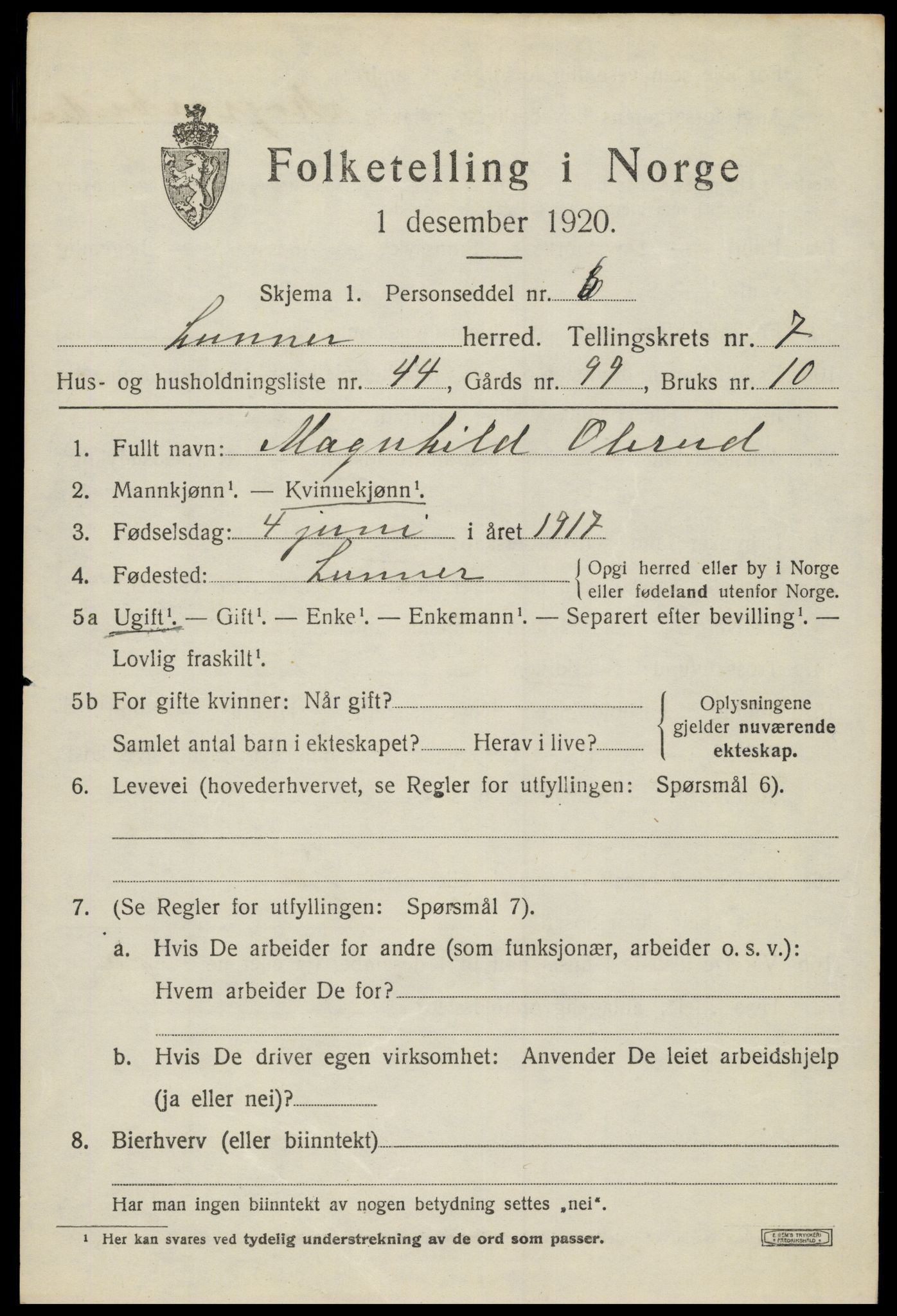 SAH, 1920 census for Lunner, 1920, p. 8979