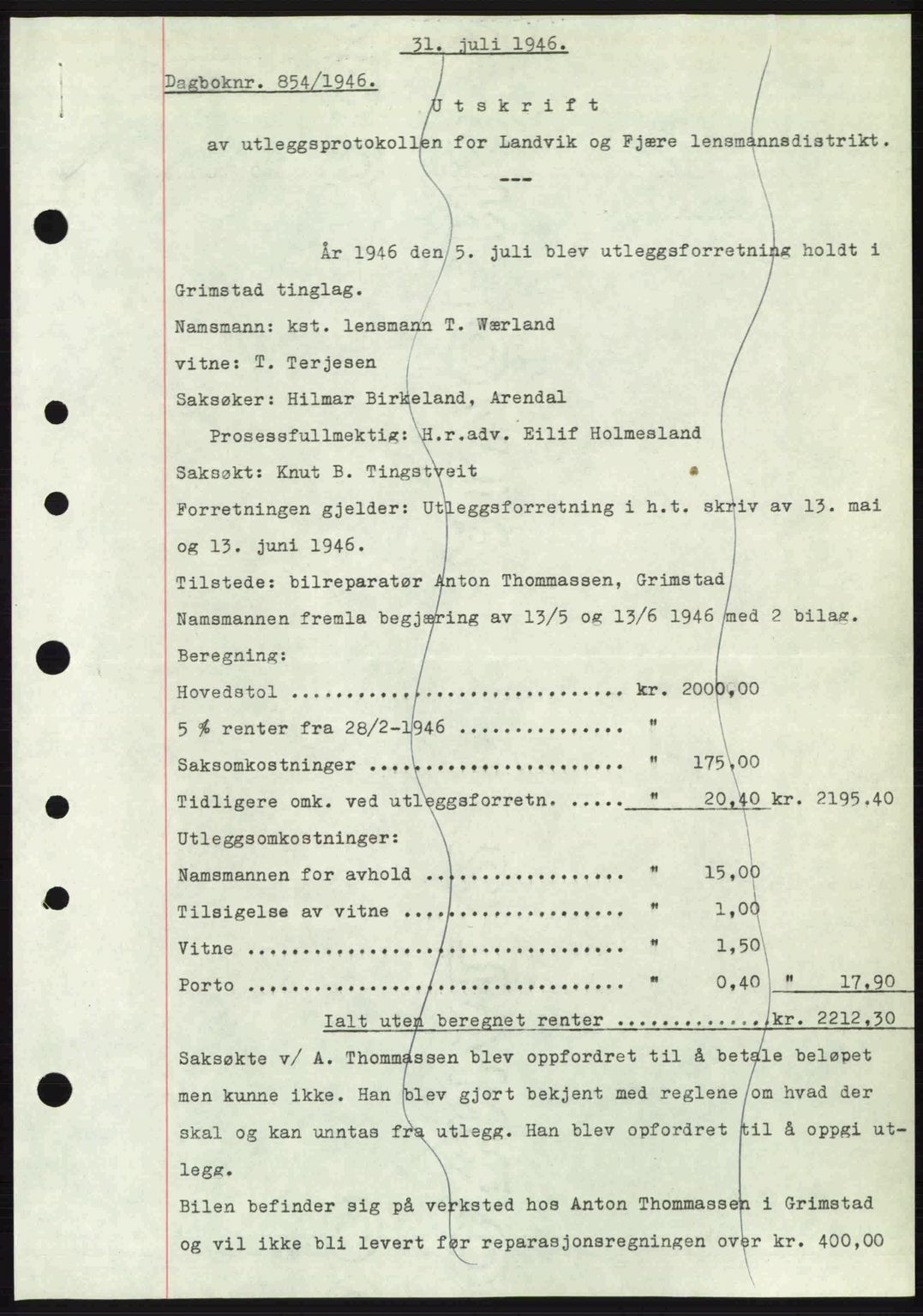 Nedenes sorenskriveri, AV/SAK-1221-0006/G/Gb/Gba/L0055: Mortgage book no. A7, 1946-1946, Diary no: : 854/1946