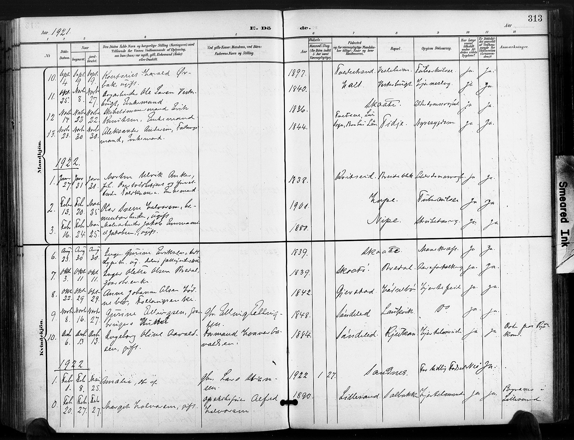 Søndeled sokneprestkontor, AV/SAK-1111-0038/F/Fa/L0006: Parish register (official) no. A 6, 1900-1922, p. 313