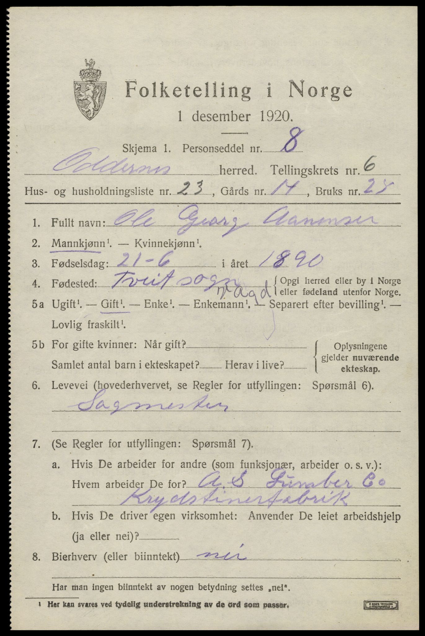 SAK, 1920 census for Oddernes, 1920, p. 5175