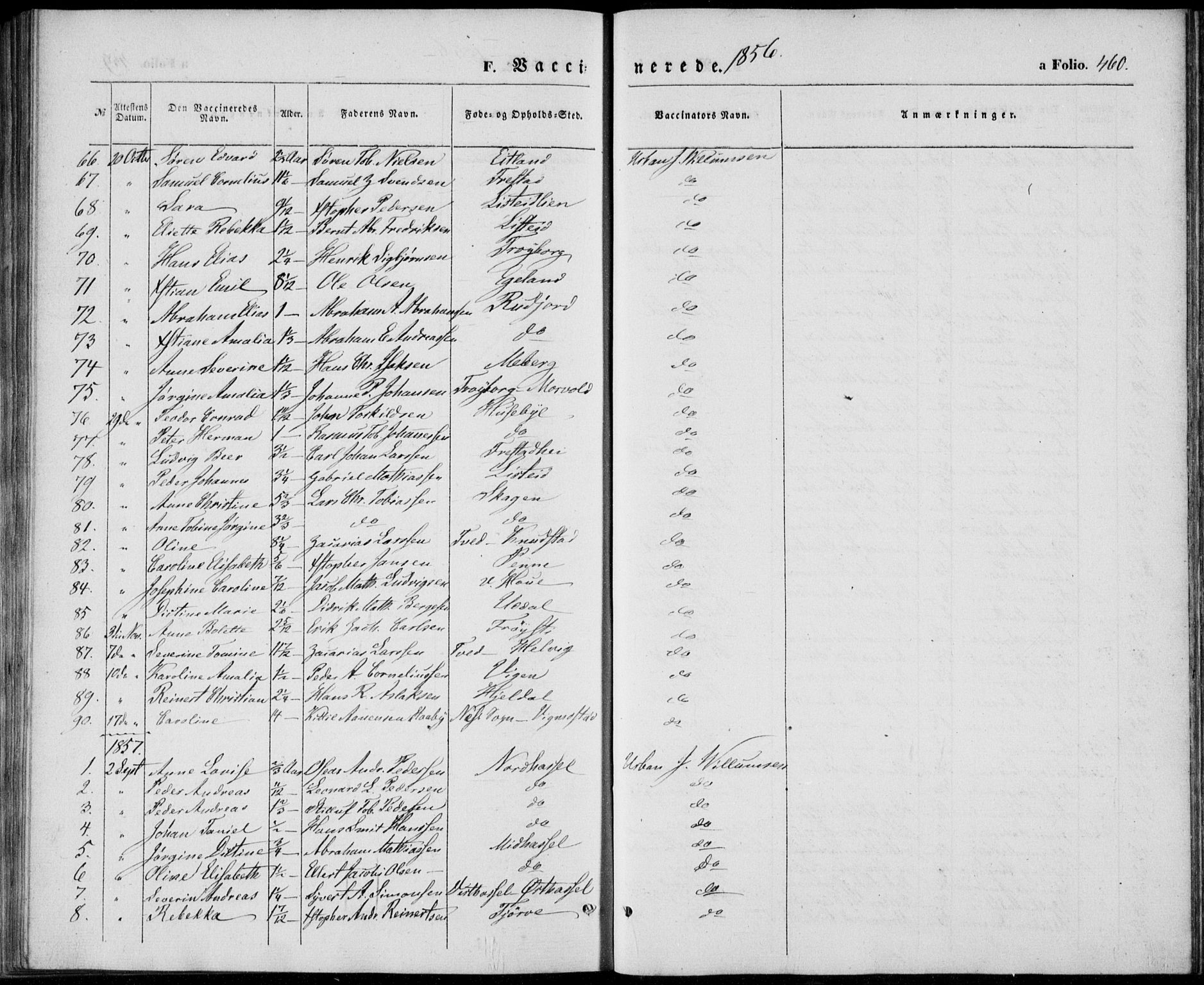 Lista sokneprestkontor, SAK/1111-0027/F/Fb/L0002: Parish register (copy) no. B 2, 1847-1862, p. 460