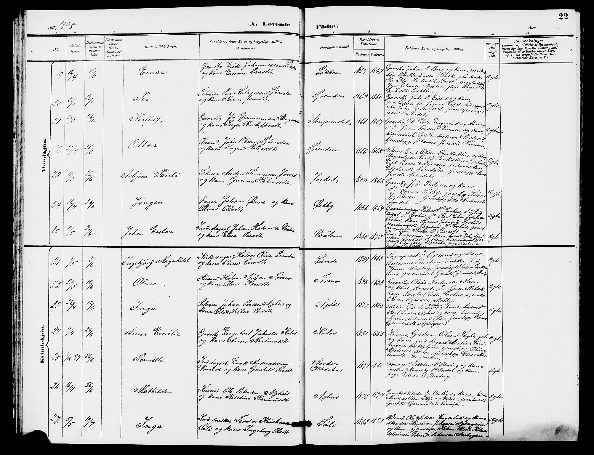 Trysil prestekontor, AV/SAH-PREST-046/H/Ha/Hab/L0006: Parish register (copy) no. 6, 1896-1912, p. 22