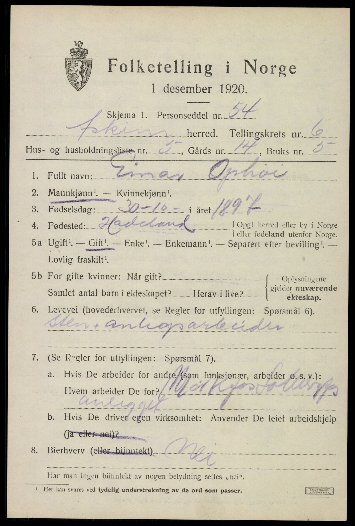 SAO, 1920 census for Askim, 1920, p. 11389