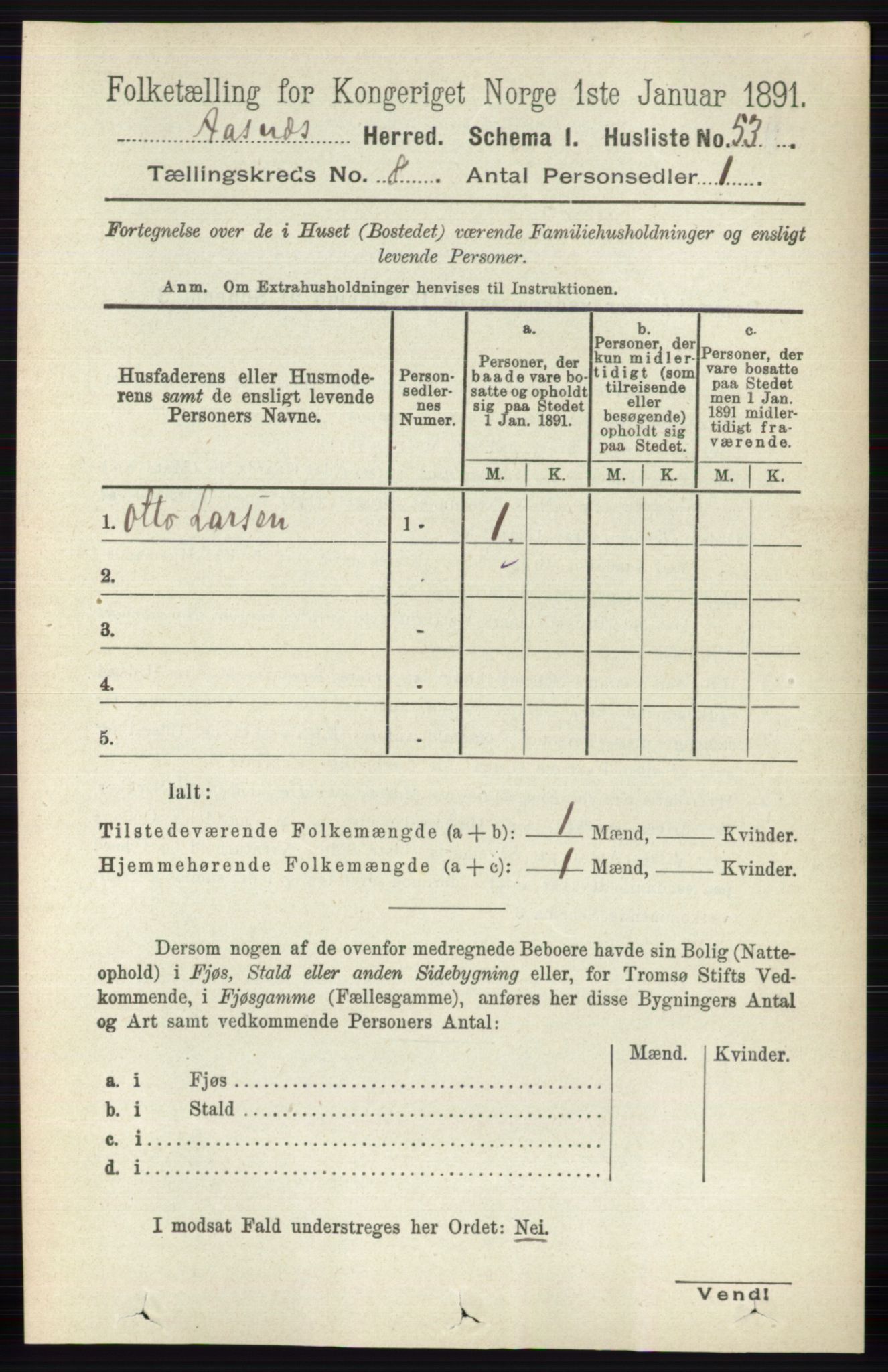 RA, 1891 census for 0425 Åsnes, 1891, p. 4174