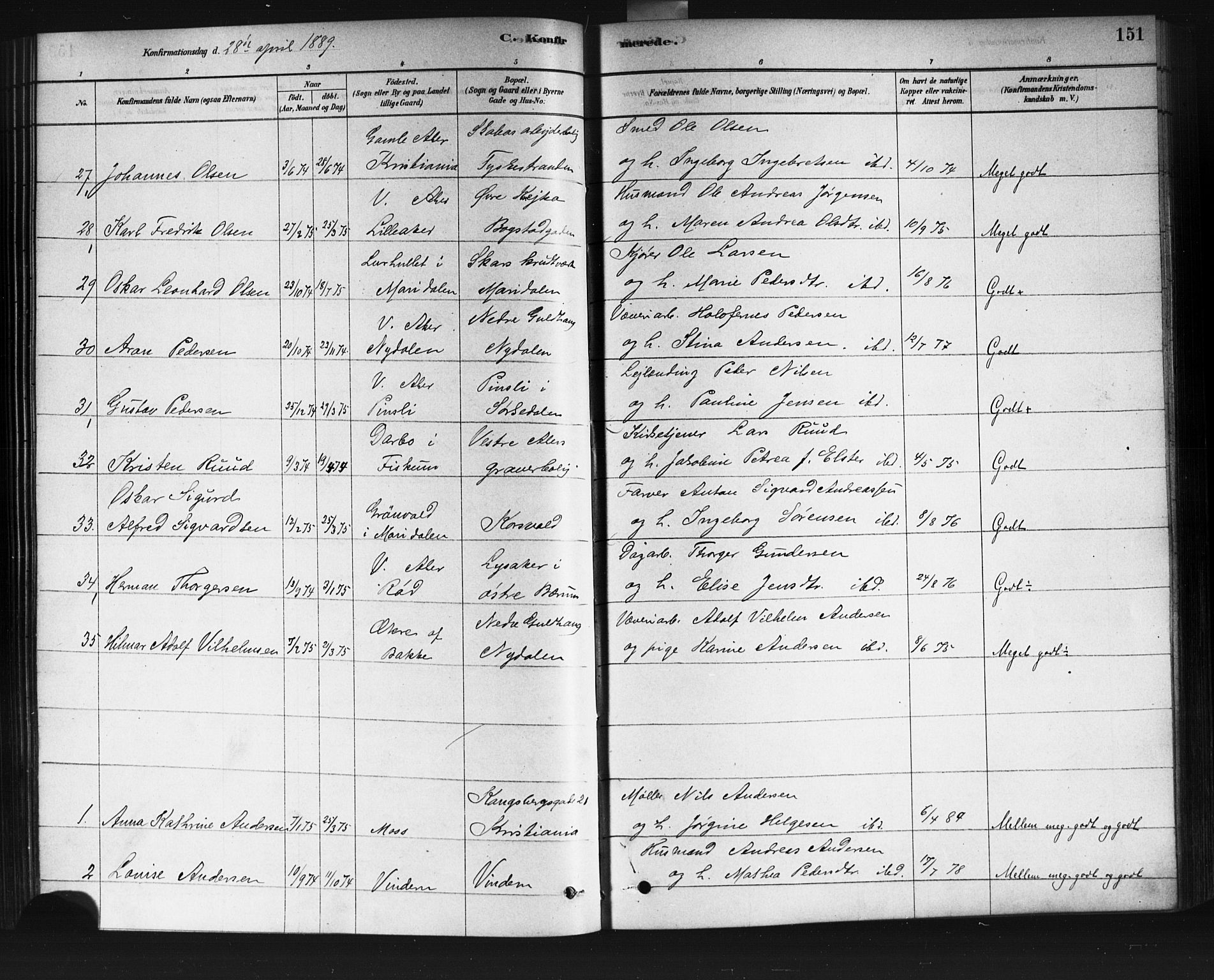 Vestre Aker prestekontor Kirkebøker, AV/SAO-A-10025/F/Fa/L0008: Parish register (official) no. 8, 1878-1903, p. 151