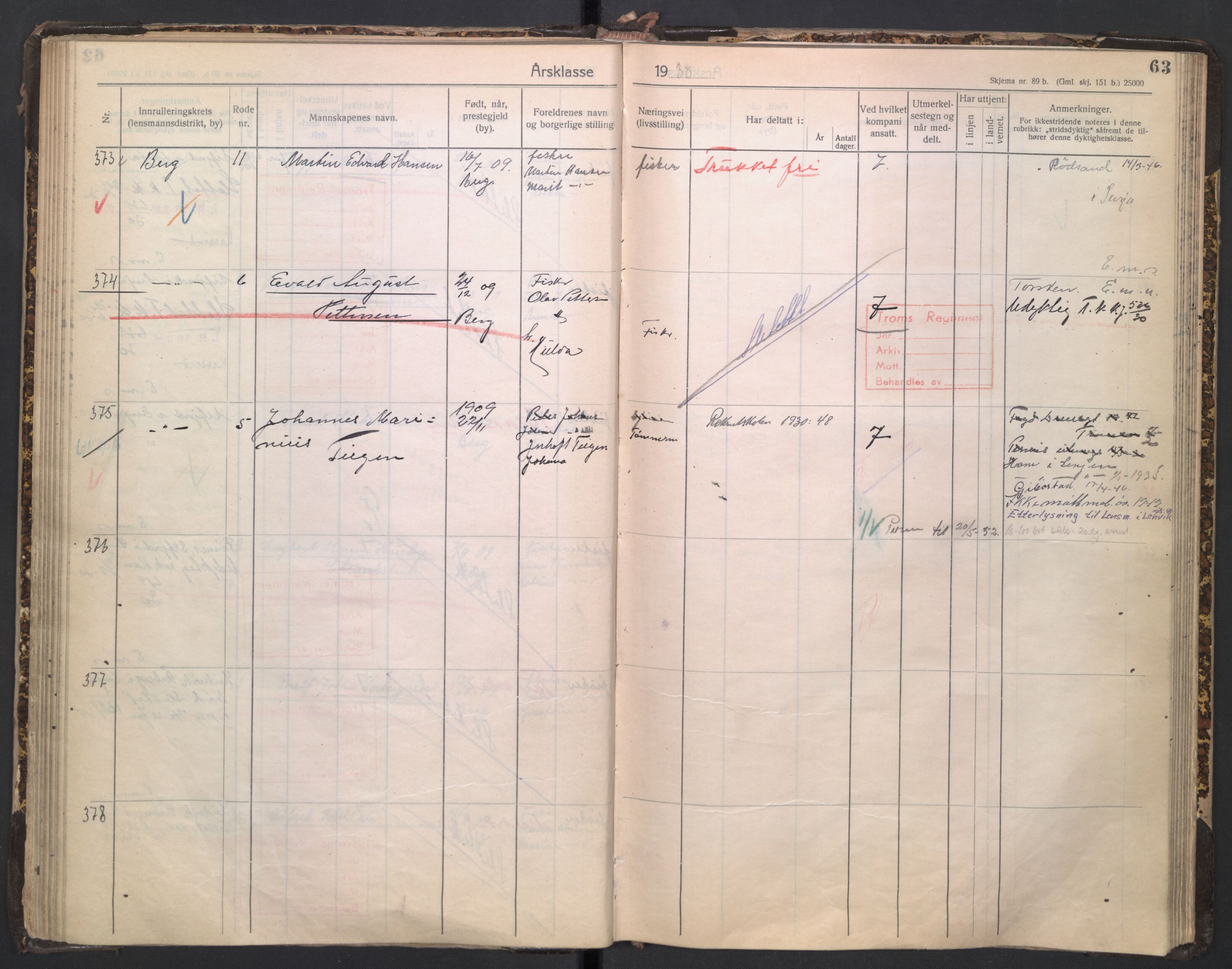 Forsvaret, Troms infanteriregiment nr. 16, AV/RA-RAFA-3146/P/Pa/L0005/0003: Ruller / Rulle for regimentets stridende menige mannskaper, årsklasse 1930, 1930, p. 63