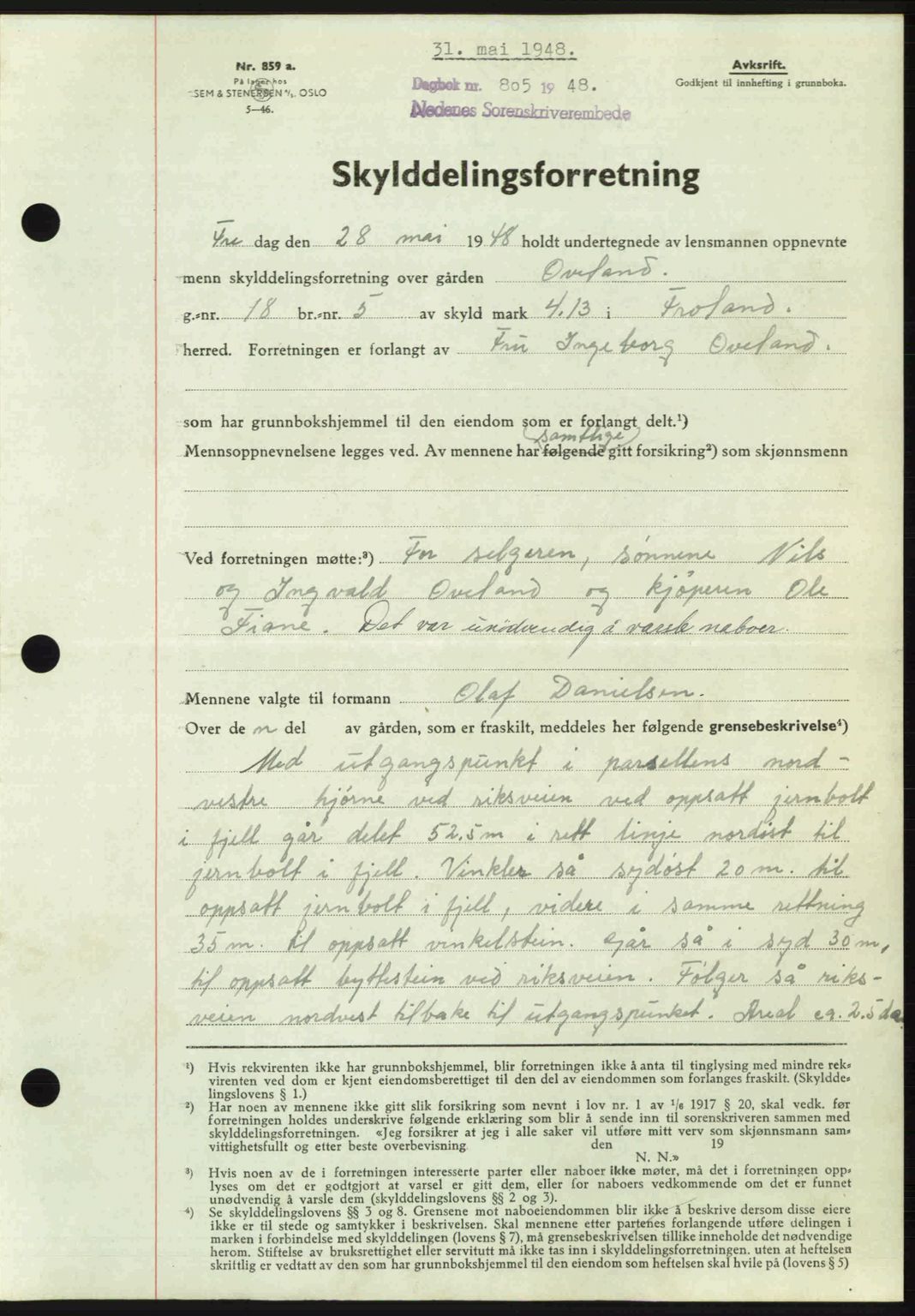 Nedenes sorenskriveri, SAK/1221-0006/G/Gb/Gba/L0059: Mortgage book no. A11, 1948-1948, Diary no: : 805/1948