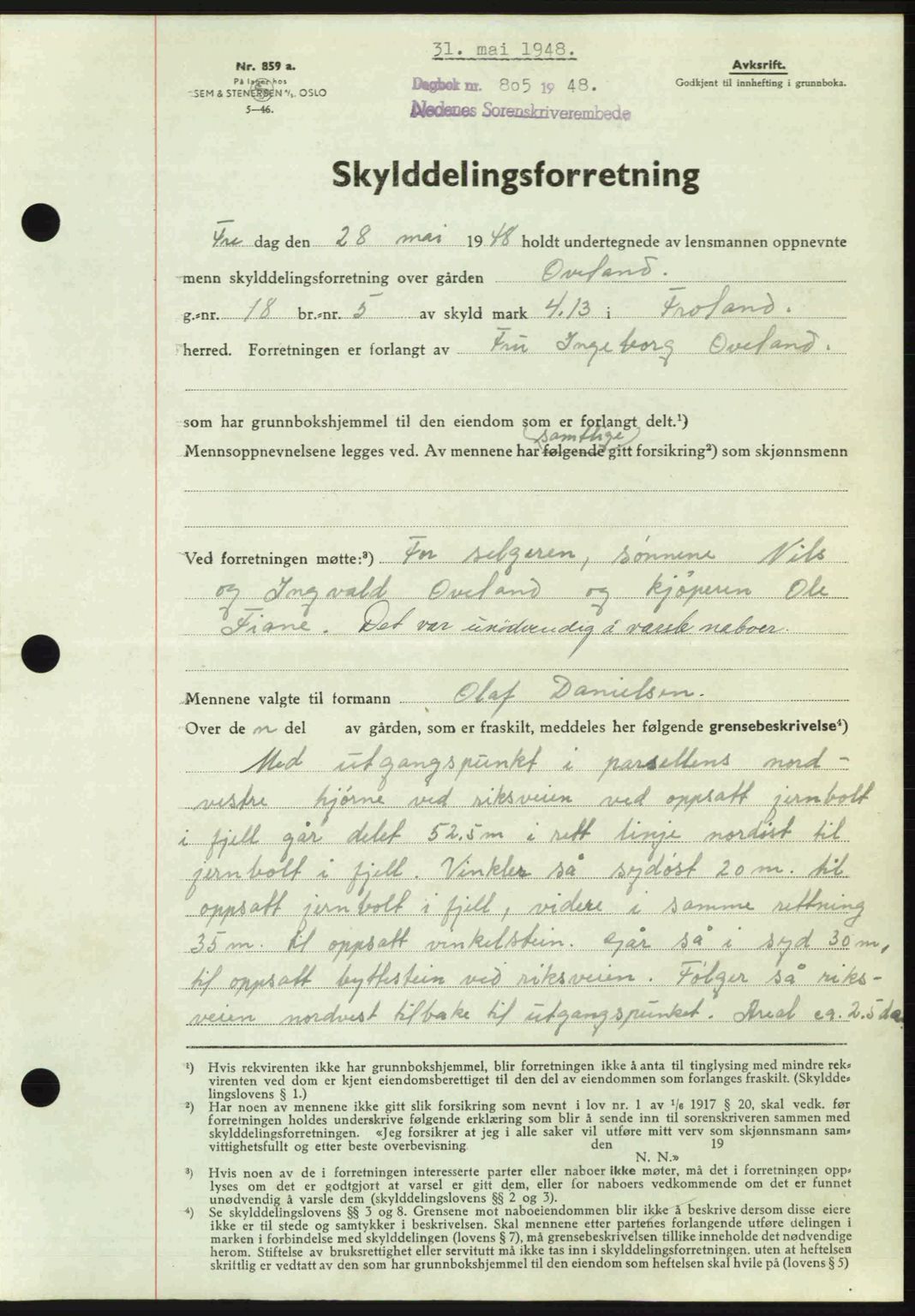 Nedenes sorenskriveri, AV/SAK-1221-0006/G/Gb/Gba/L0059: Mortgage book no. A11, 1948-1948, Diary no: : 805/1948