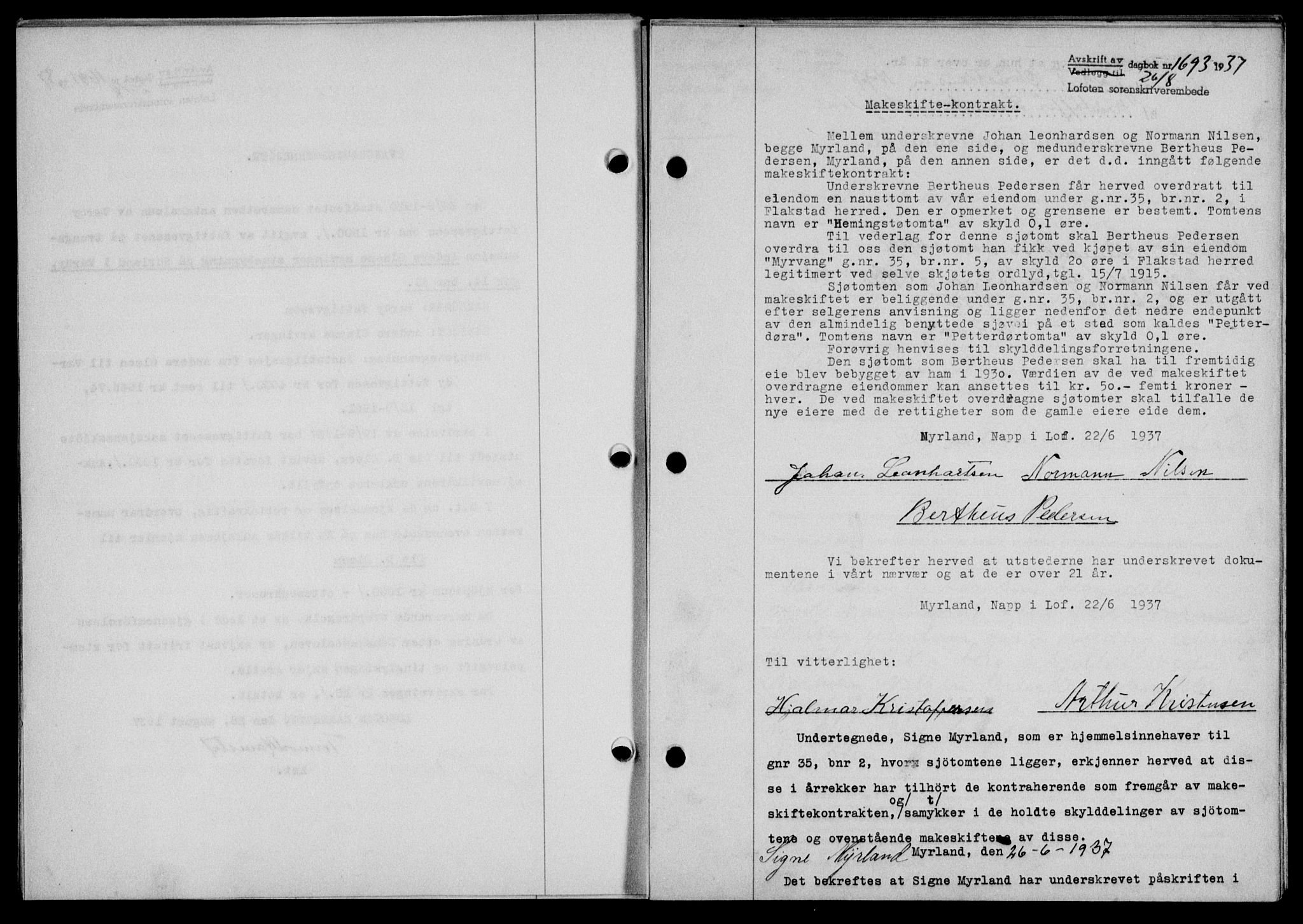 Lofoten sorenskriveri, SAT/A-0017/1/2/2C/L0002a: Mortgage book no. 2a, 1937-1937, Diary no: : 1693/1937