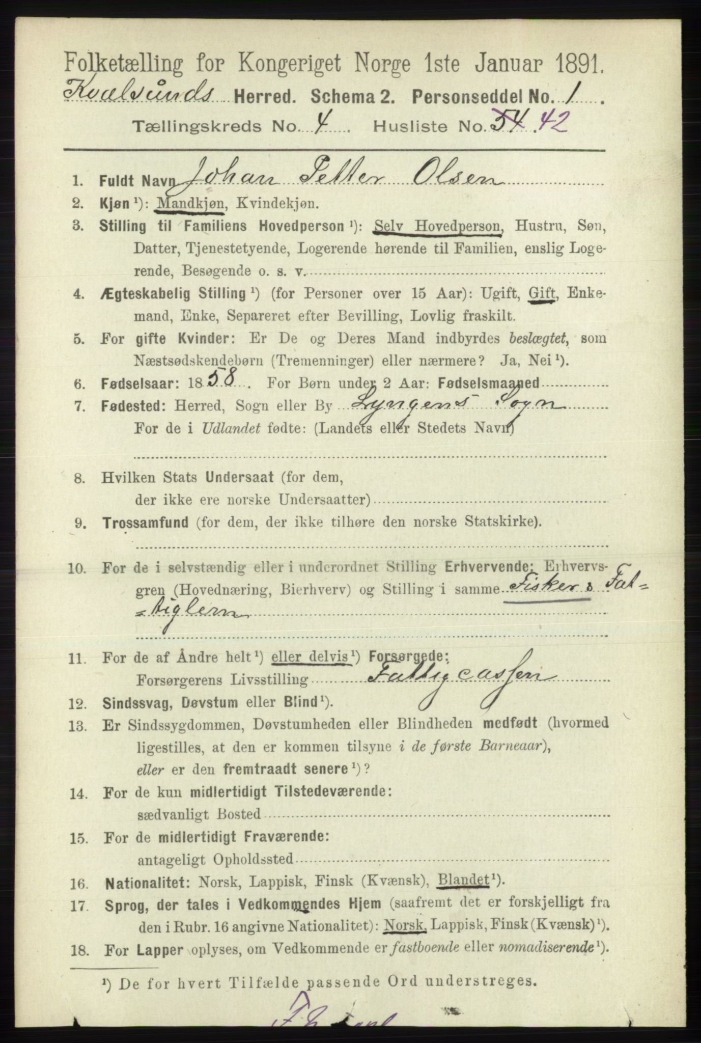 RA, 1891 census for 2017 Kvalsund, 1891, p. 444