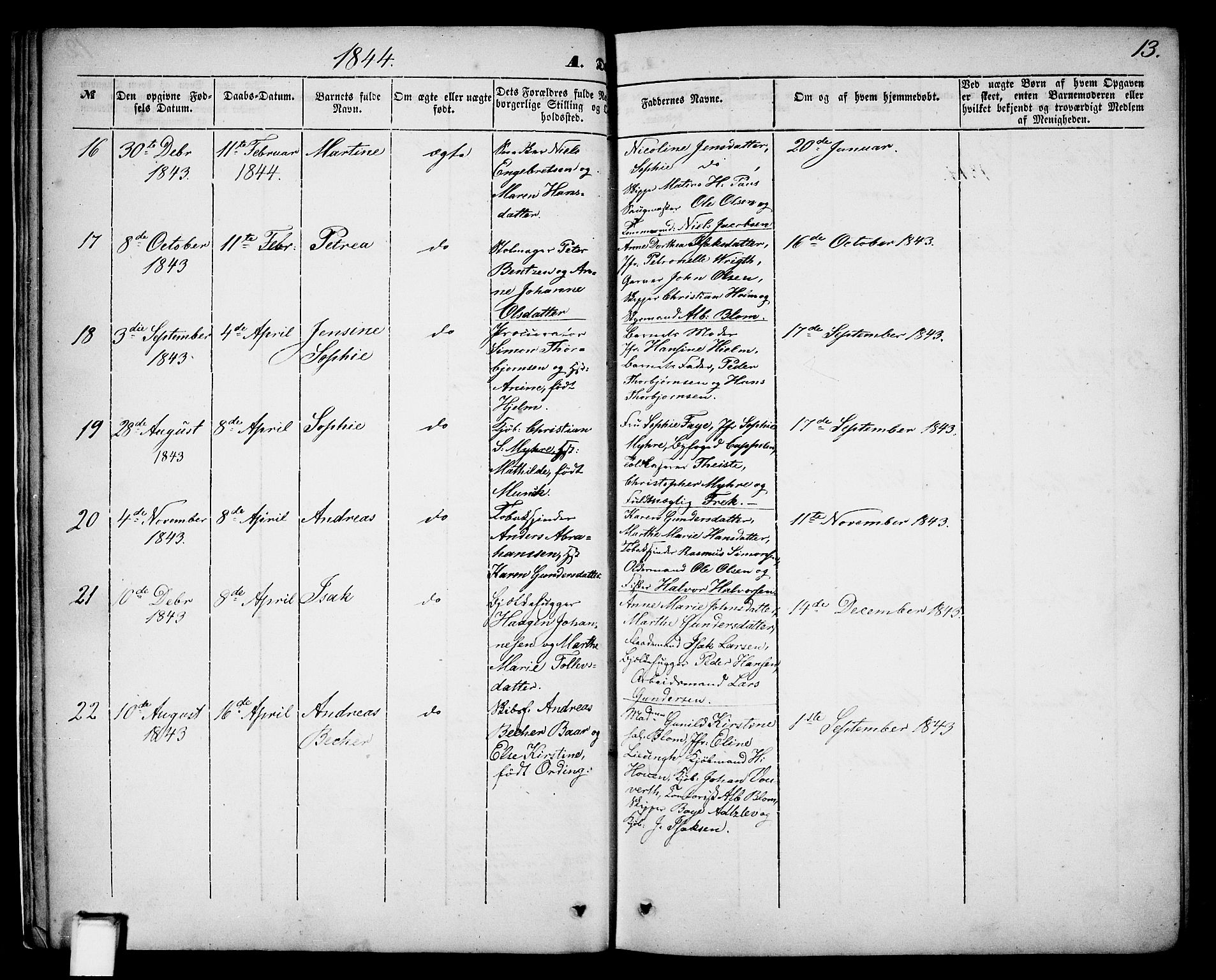 Skien kirkebøker, SAKO/A-302/G/Ga/L0004: Parish register (copy) no. 4, 1843-1867, p. 13