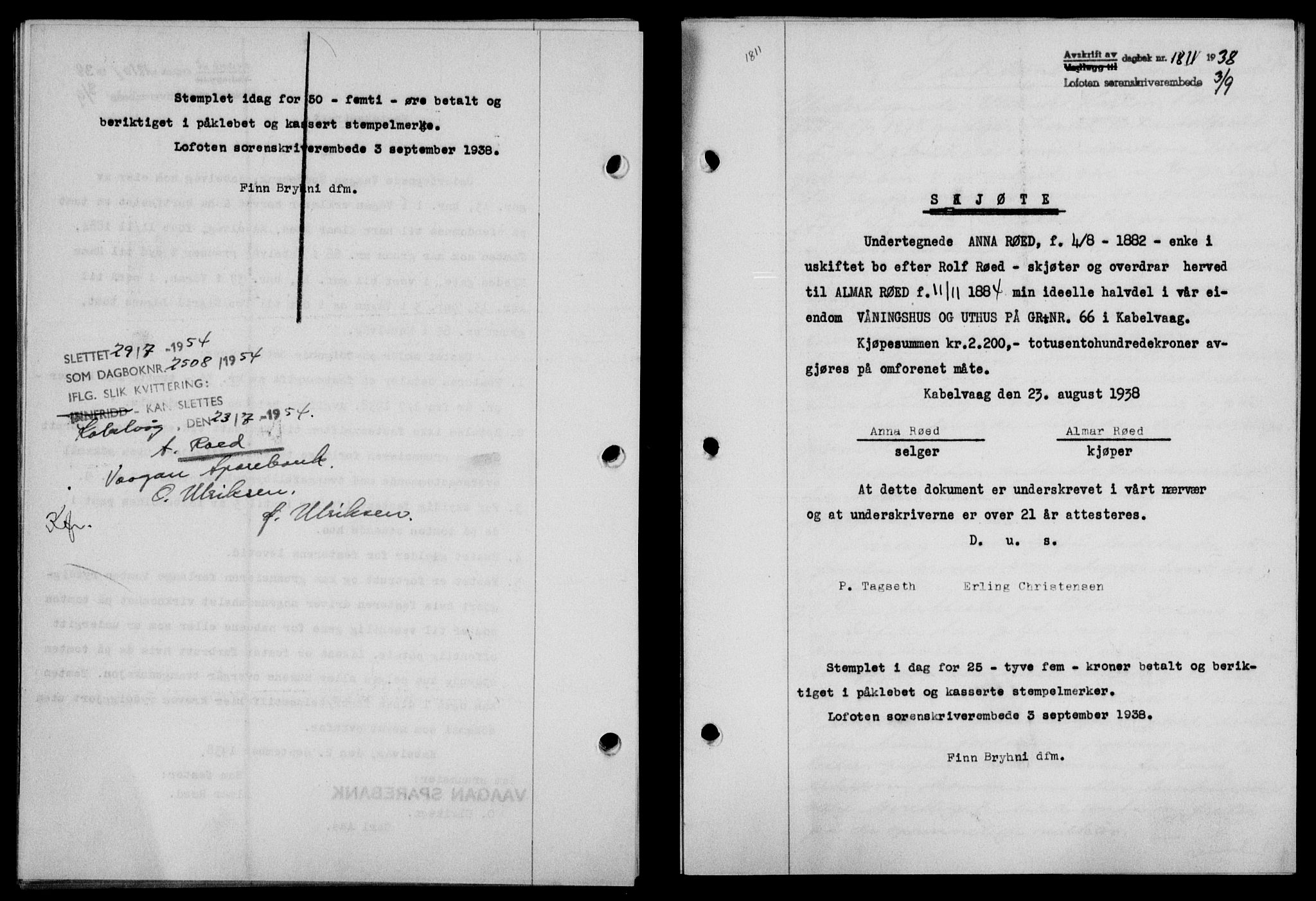 Lofoten sorenskriveri, SAT/A-0017/1/2/2C/L0004a: Mortgage book no. 4a, 1938-1938, Diary no: : 1811/1938