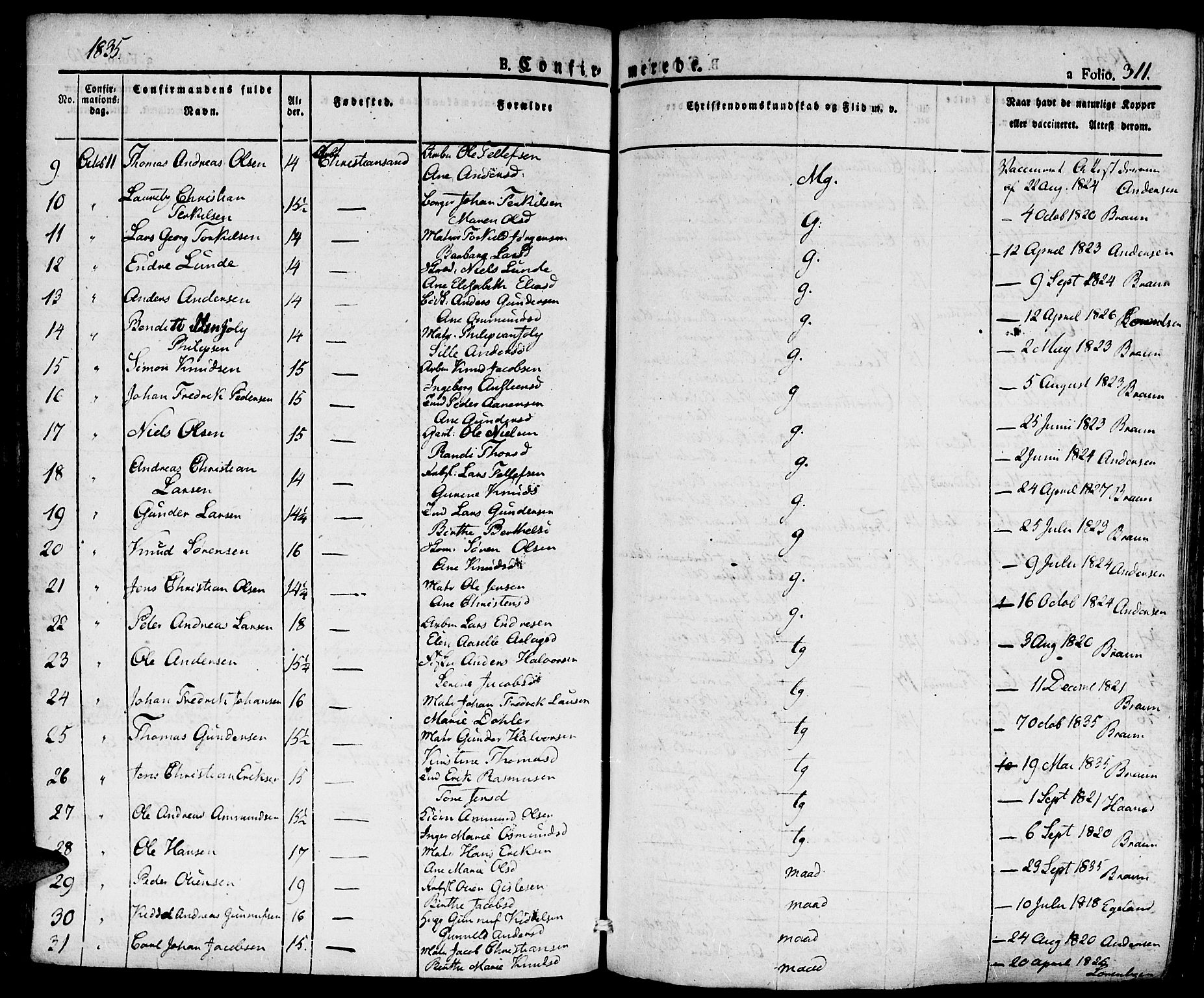 Kristiansand domprosti, SAK/1112-0006/F/Fa/L0011: Parish register (official) no. A 11, 1827-1841, p. 311