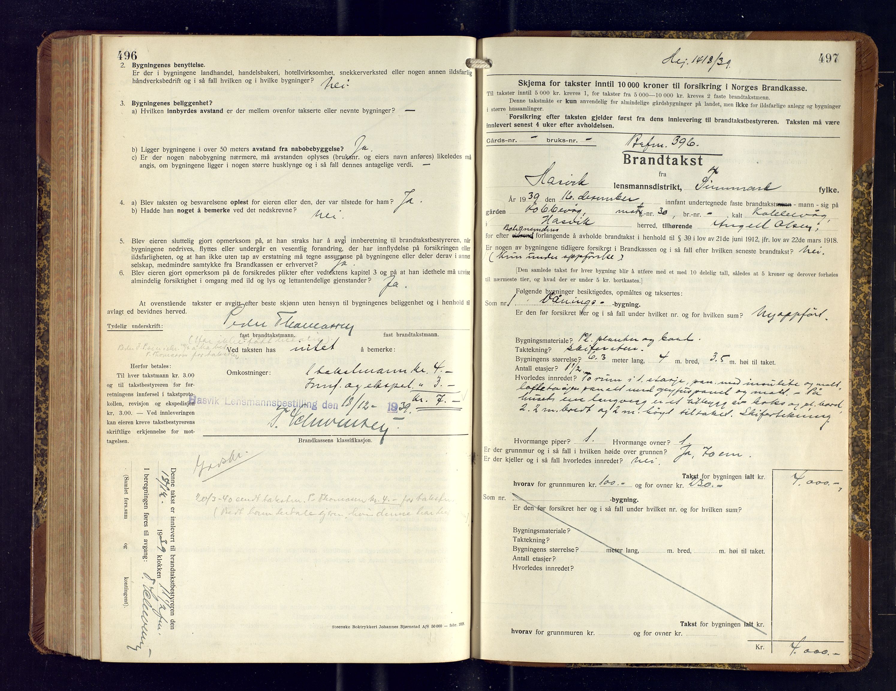 Hasvik lensmannskontor, AV/SATØ-SATO-164/Fob/L0009: Branntakstprotokoll, 1934-1939, p. 496-497