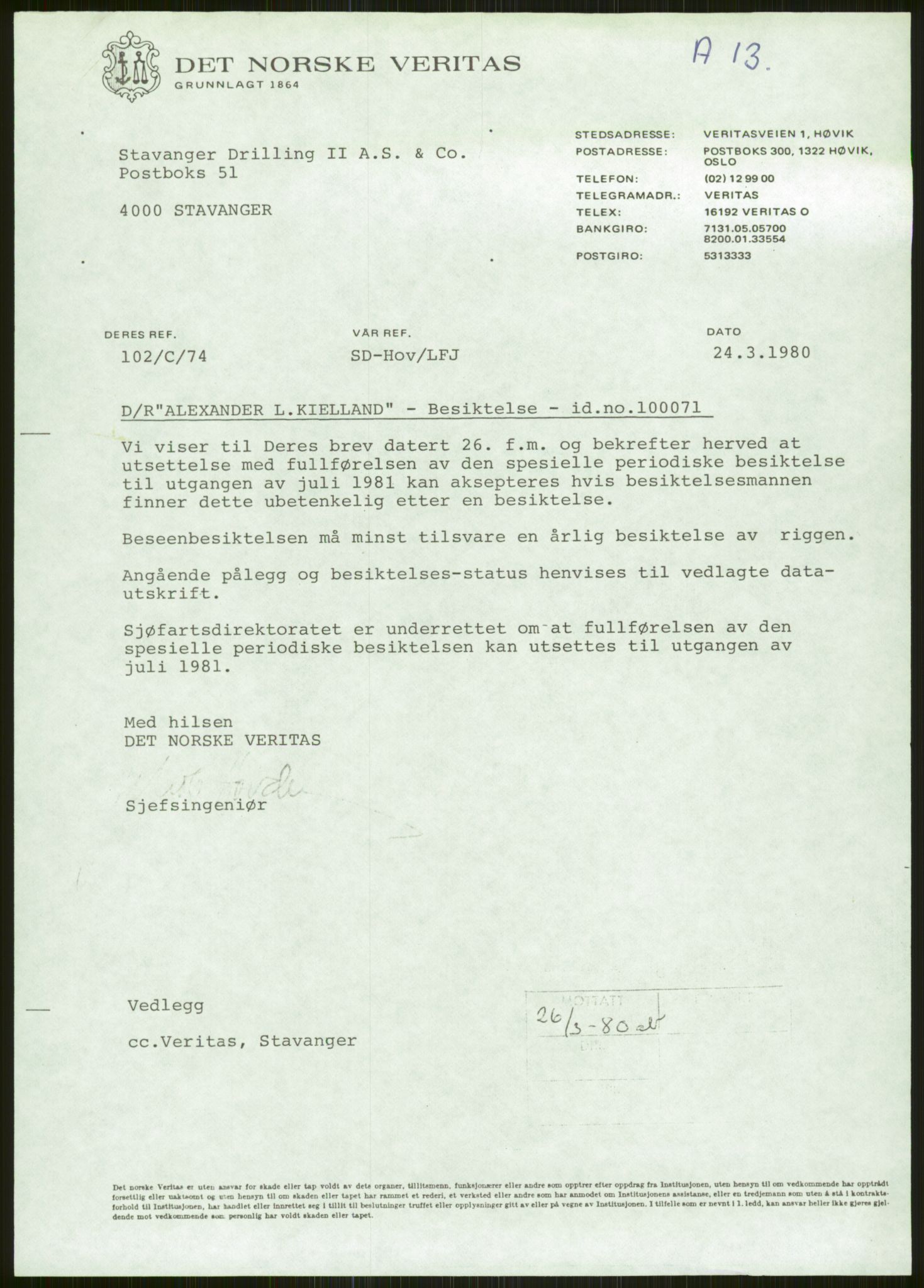 Justisdepartementet, Granskningskommisjonen ved Alexander Kielland-ulykken 27.3.1980, RA/S-1165/D/L0006: A Alexander L. Kielland (Doku.liste + A3-A6, A11-A13, A18-A20-A21, A23, A31 av 31)/Dykkerjournaler, 1980-1981, p. 67