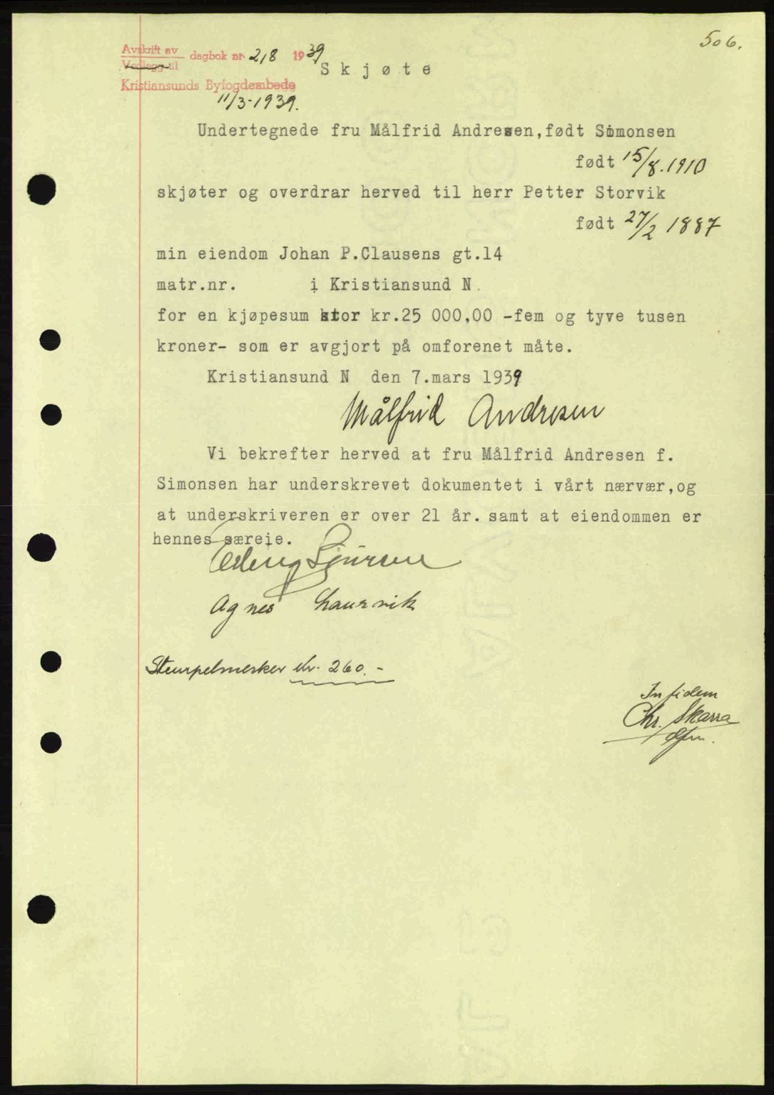 Kristiansund byfogd, AV/SAT-A-4587/A/27: Mortgage book no. 30, 1936-1941, Diary no: : 218/1939