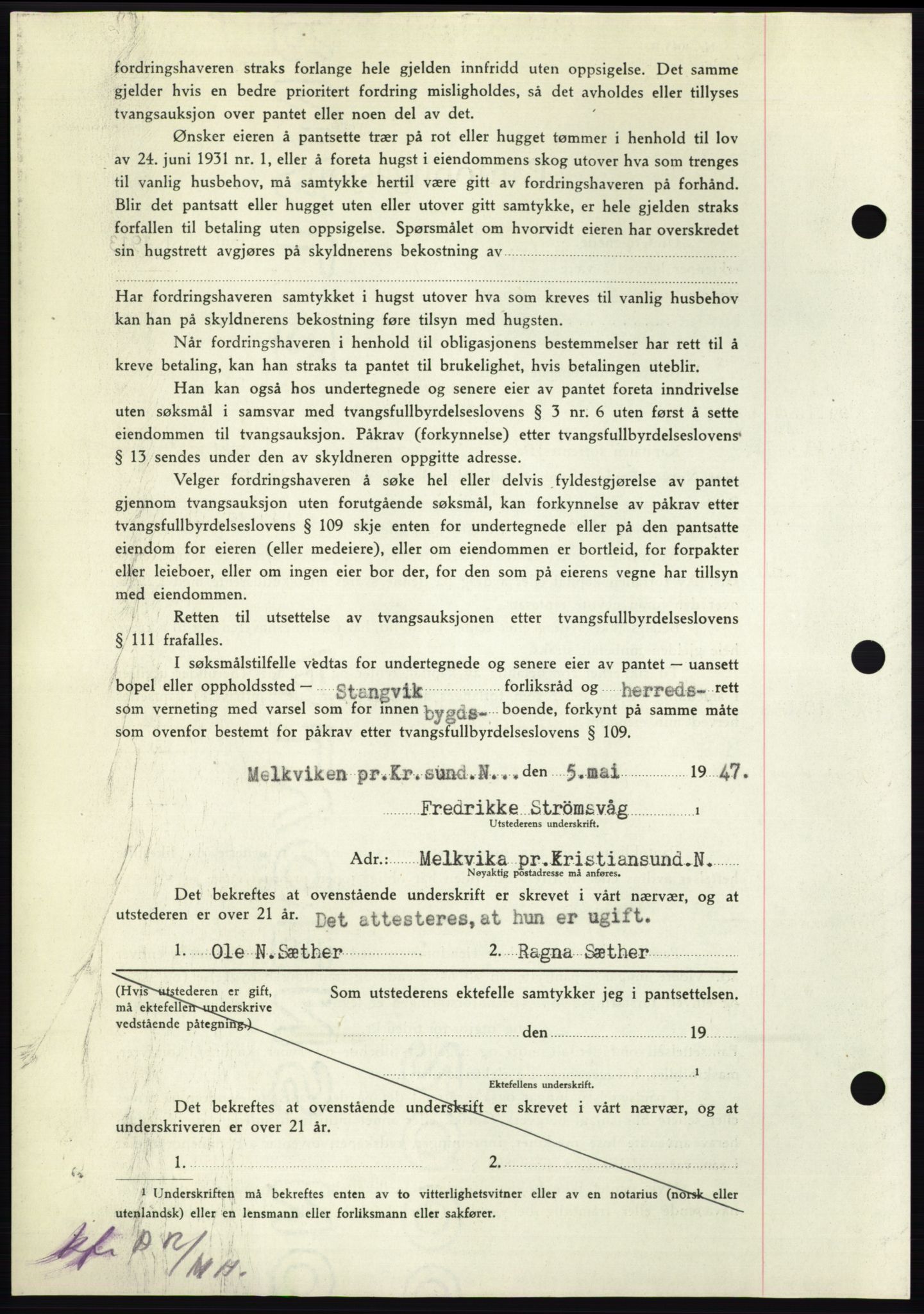 Nordmøre sorenskriveri, AV/SAT-A-4132/1/2/2Ca: Mortgage book no. B96, 1947-1947, Diary no: : 1028/1947