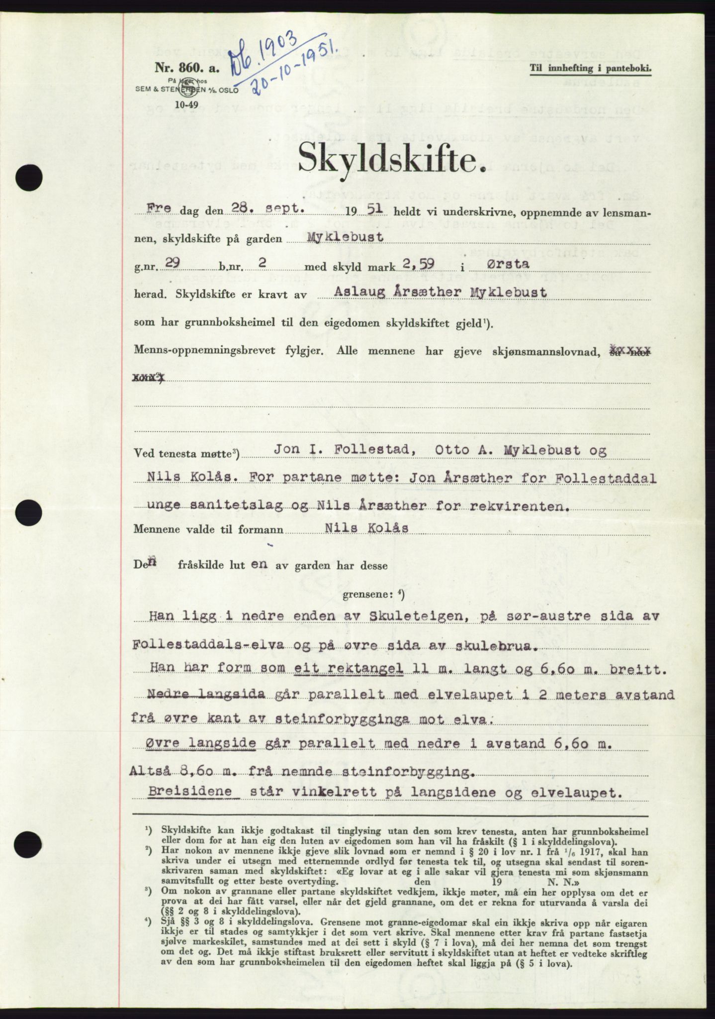 Søre Sunnmøre sorenskriveri, AV/SAT-A-4122/1/2/2C/L0090: Mortgage book no. 16A, 1951-1951, Diary no: : 1903/1951