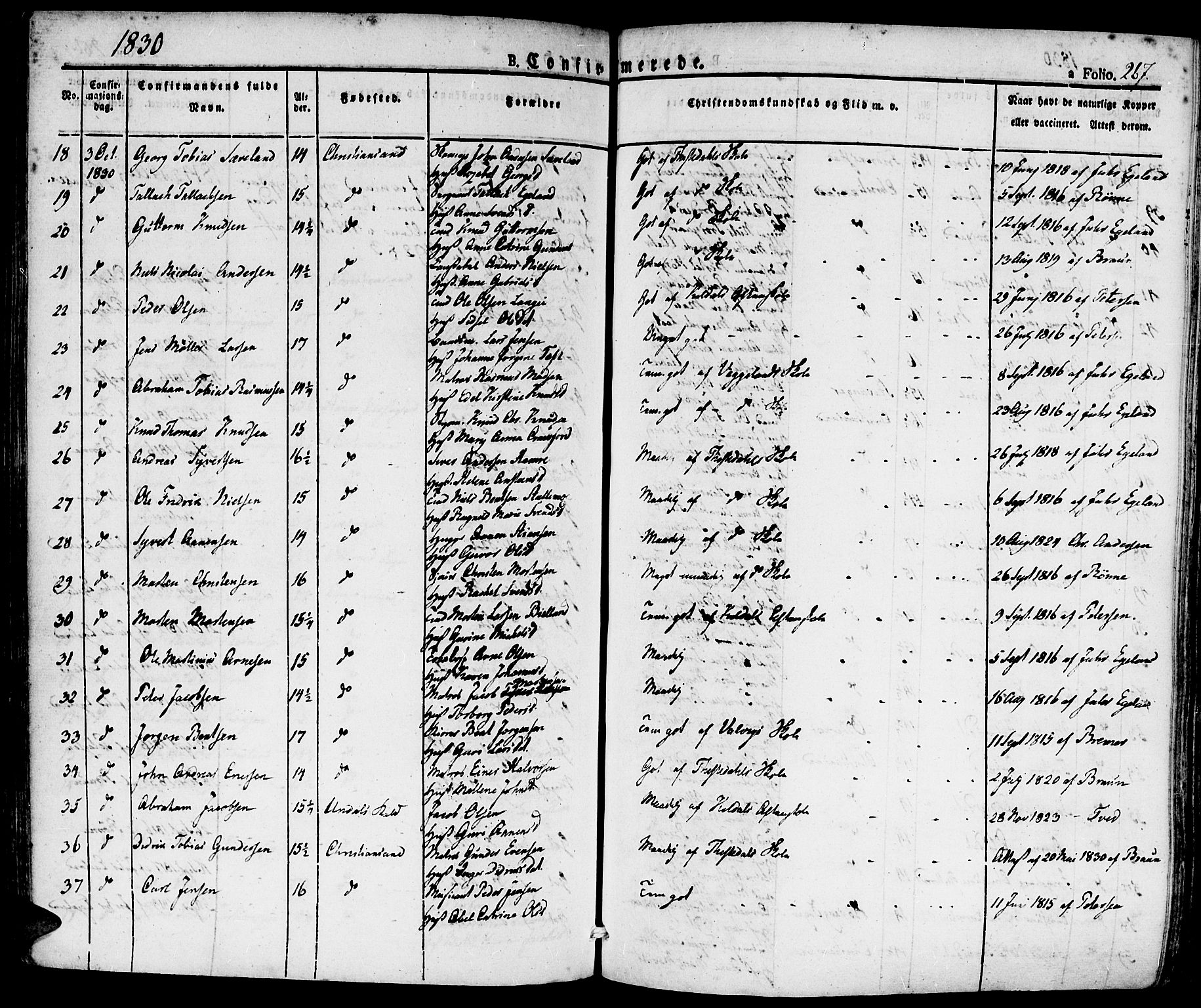 Kristiansand domprosti, SAK/1112-0006/F/Fa/L0011: Parish register (official) no. A 11, 1827-1841, p. 267