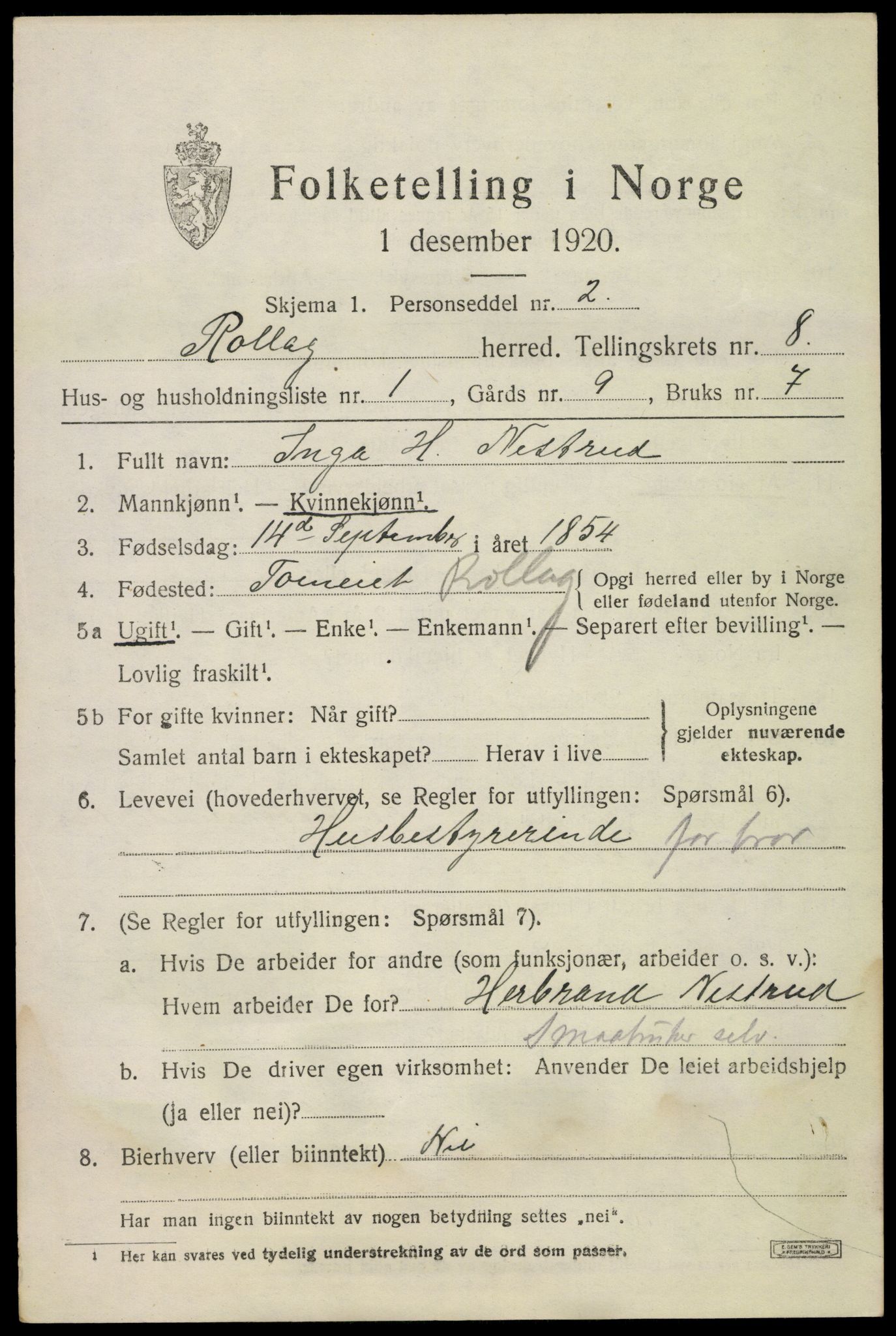 SAKO, 1920 census for Rollag, 1920, p. 2954