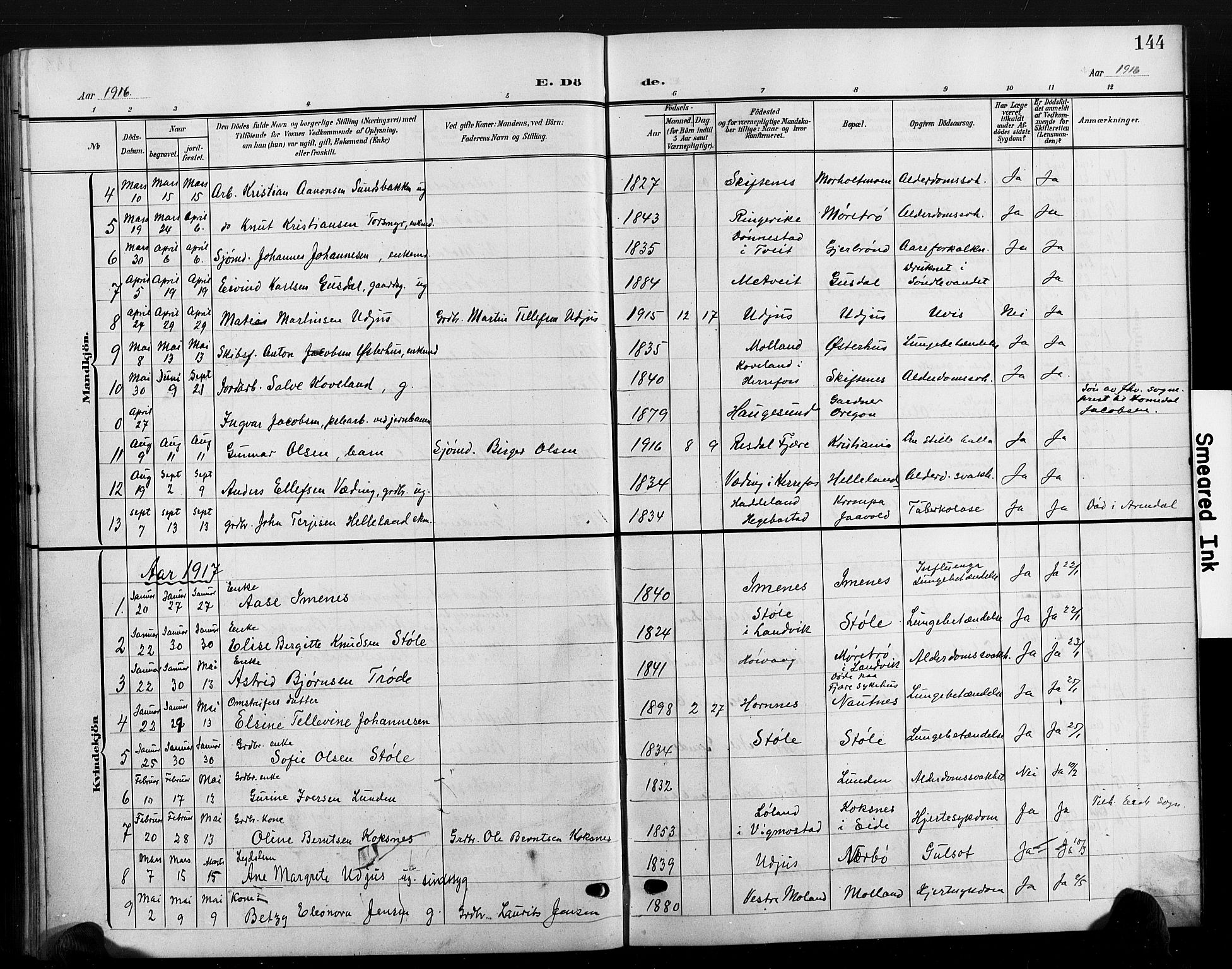 Hommedal sokneprestkontor, AV/SAK-1111-0023/F/Fb/Fbb/L0008: Parish register (copy) no. B 8, 1905-1929, p. 144