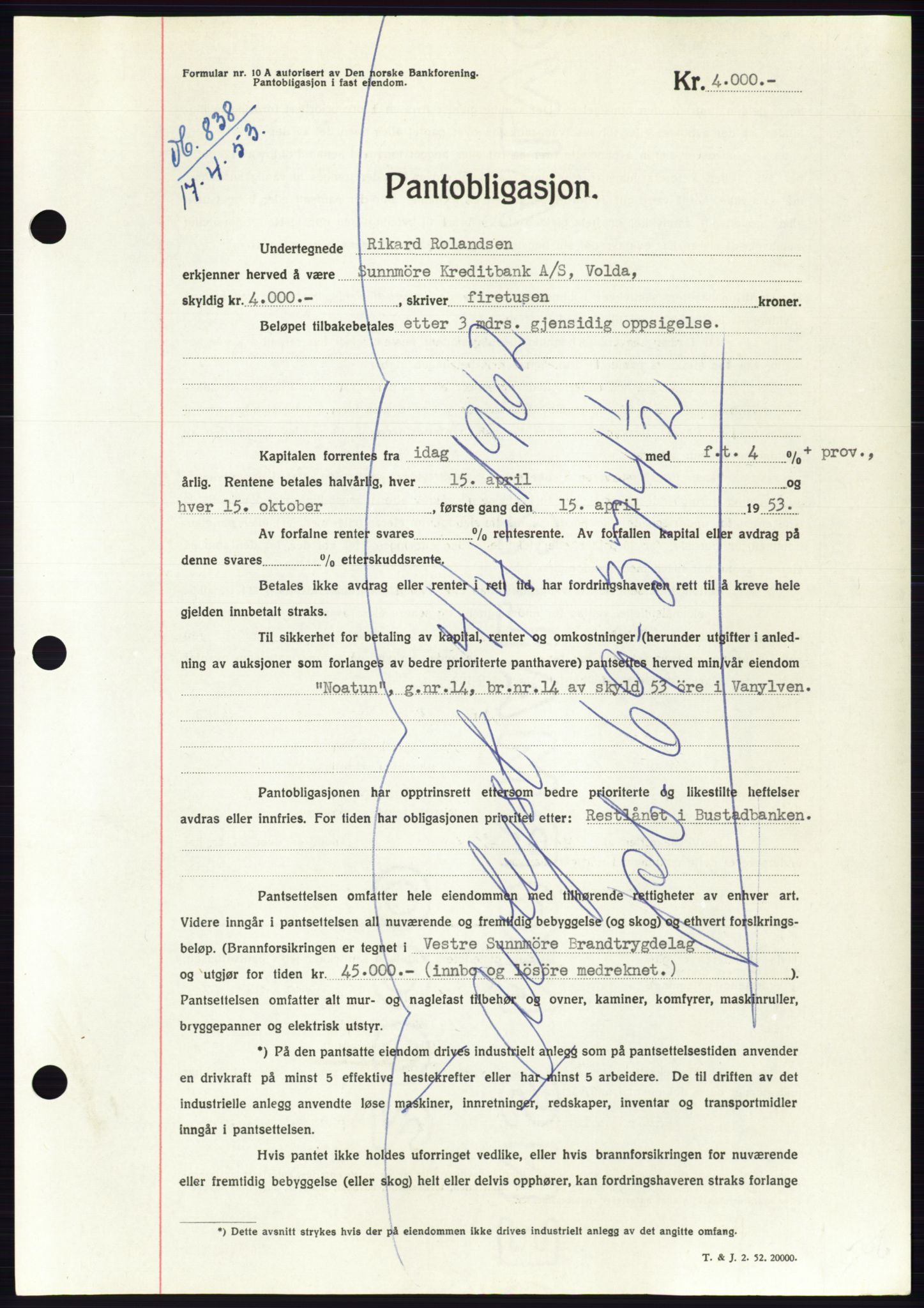 Søre Sunnmøre sorenskriveri, SAT/A-4122/1/2/2C/L0123: Mortgage book no. 11B, 1953-1953, Diary no: : 838/1953