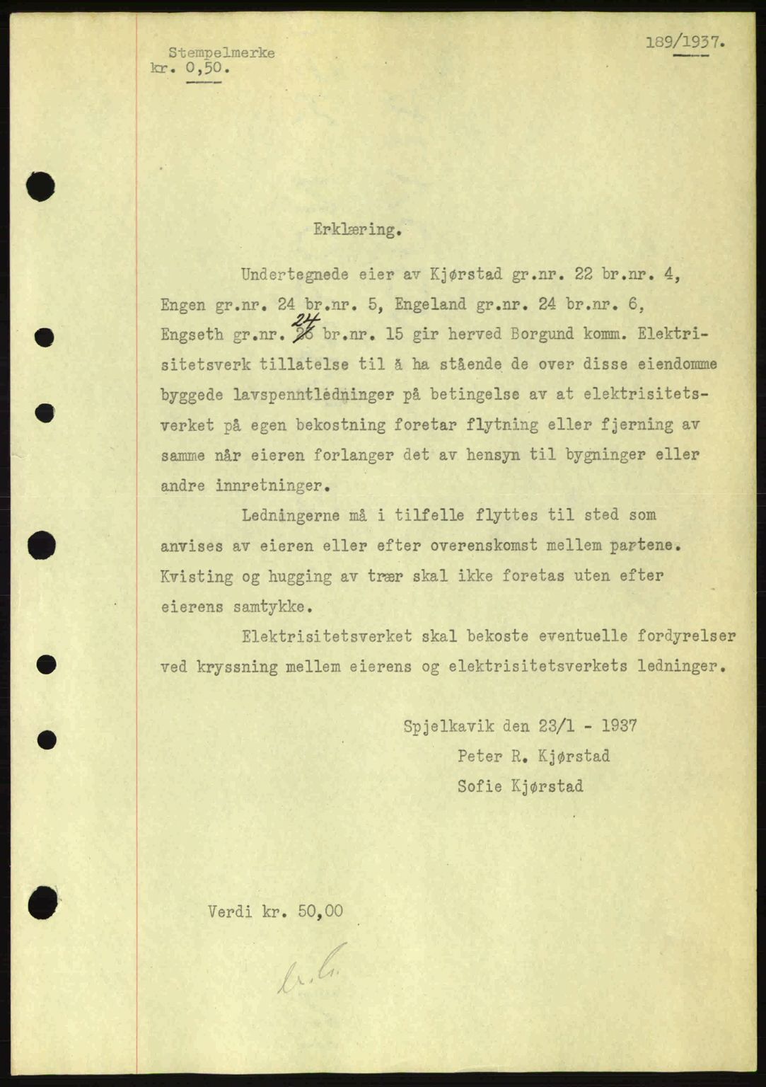 Nordre Sunnmøre sorenskriveri, AV/SAT-A-0006/1/2/2C/2Ca: Mortgage book no. A2, 1936-1937, Diary no: : 189/1937