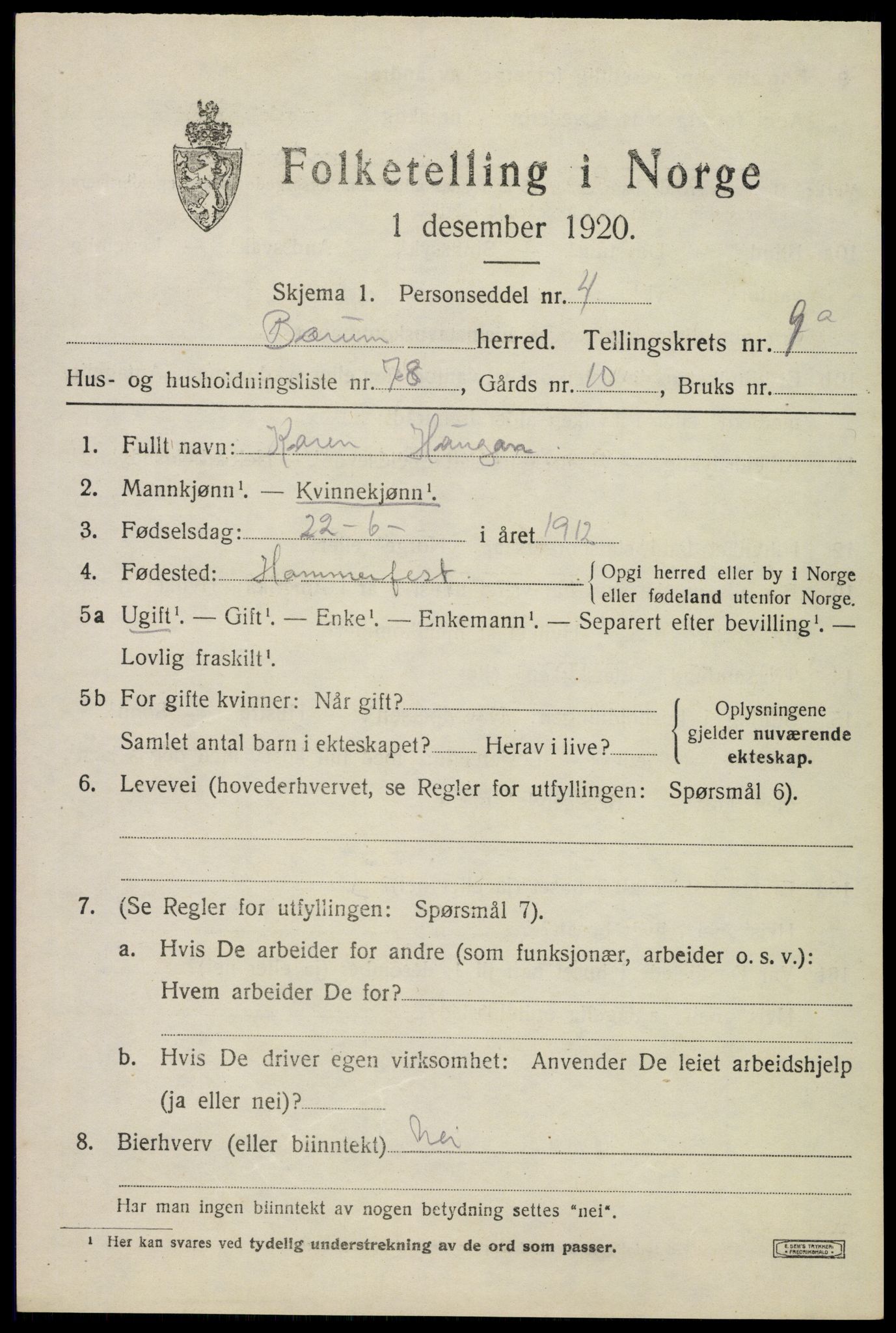 SAO, 1920 census for Bærum, 1920, p. 20014