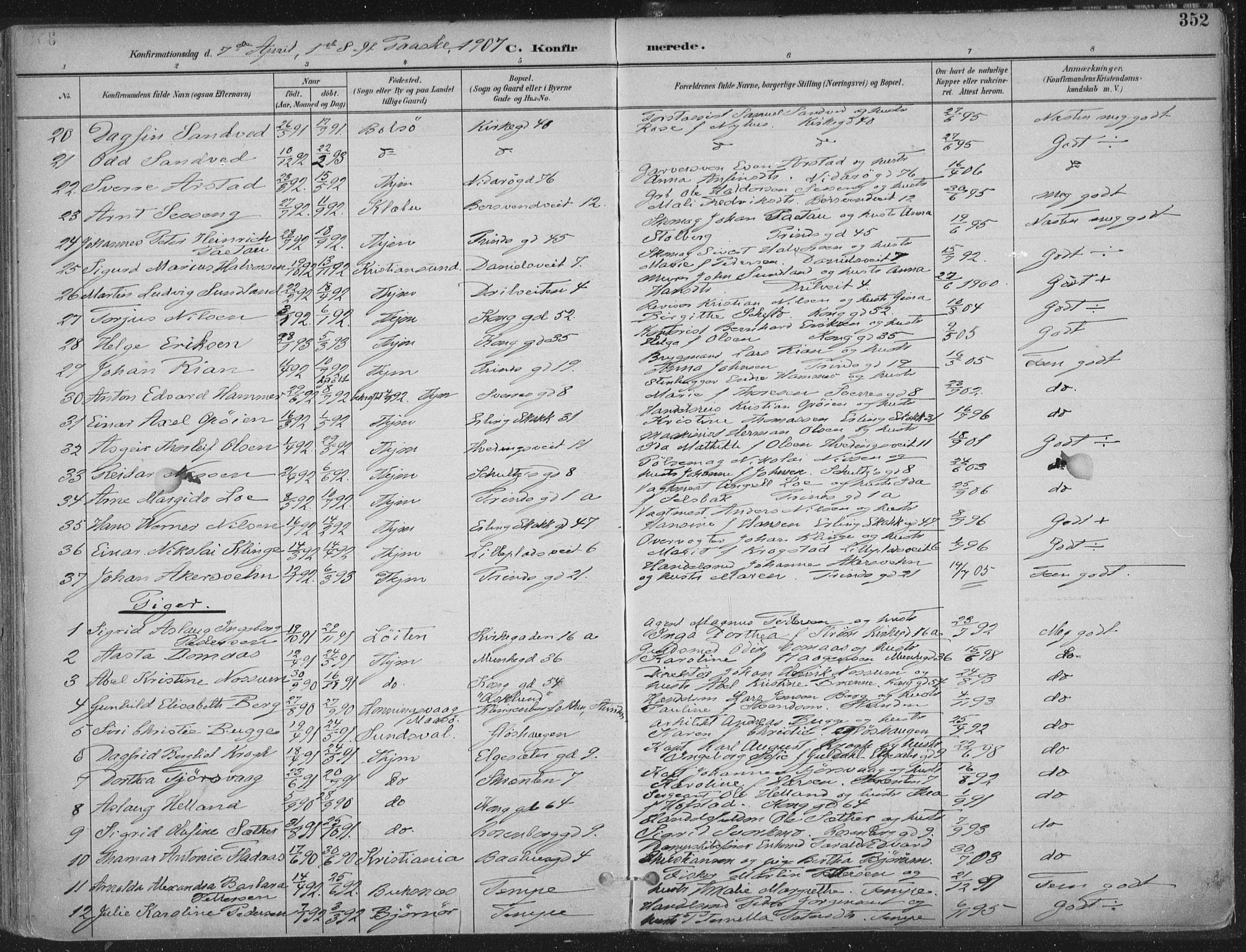 Ministerialprotokoller, klokkerbøker og fødselsregistre - Sør-Trøndelag, SAT/A-1456/601/L0062: Parish register (official) no. 601A30, 1891-1911, p. 352