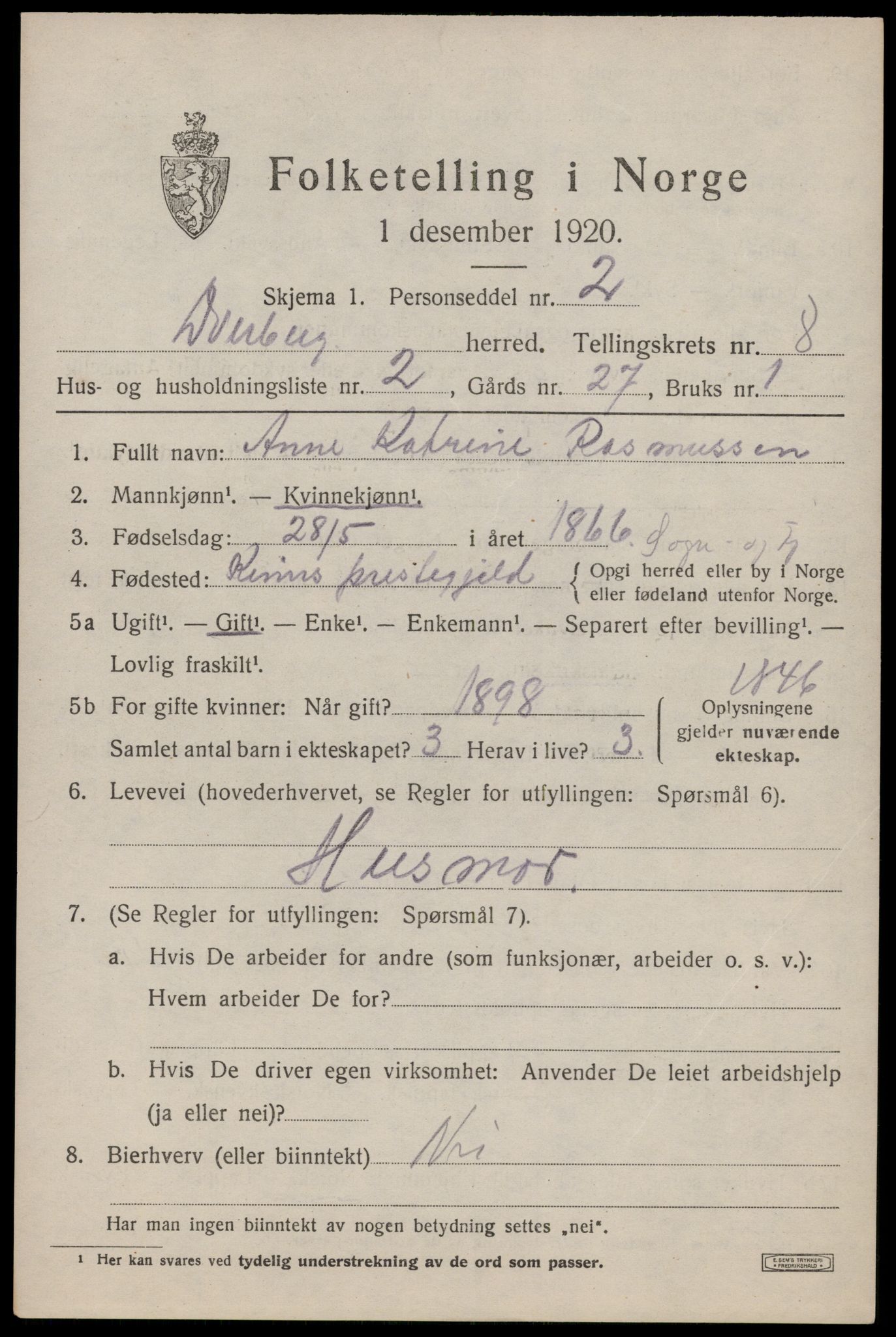 SAT, 1920 census for Dverberg, 1920, p. 7134