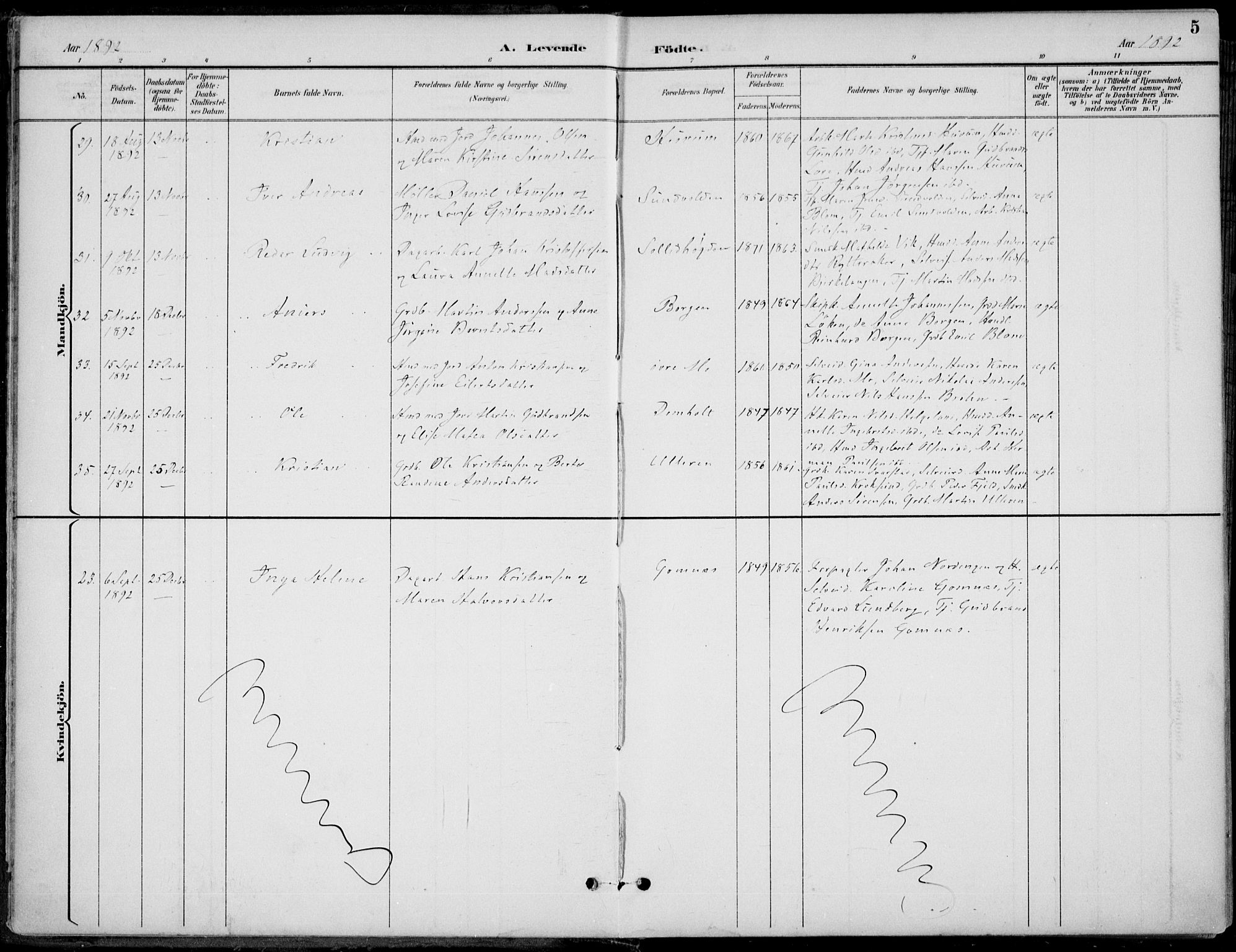 Hole kirkebøker, AV/SAKO-A-228/F/Fa/L0009: Parish register (official) no. I 9, 1892-1907, p. 5