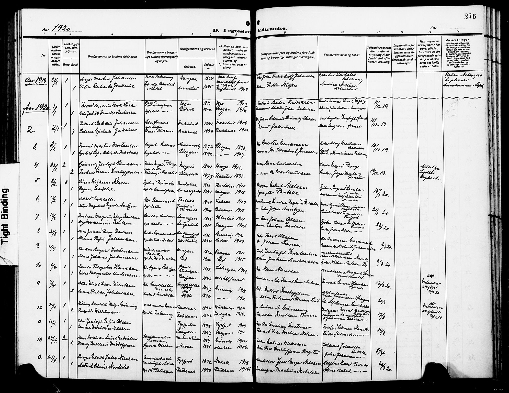 Ministerialprotokoller, klokkerbøker og fødselsregistre - Nordland, AV/SAT-A-1459/874/L1080: Parish register (copy) no. 874C09, 1915-1925, p. 276