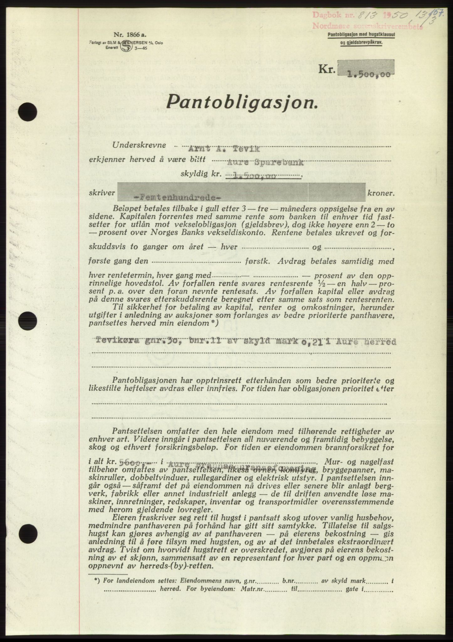 Nordmøre sorenskriveri, AV/SAT-A-4132/1/2/2Ca: Mortgage book no. B104, 1950-1950, Diary no: : 813/1950