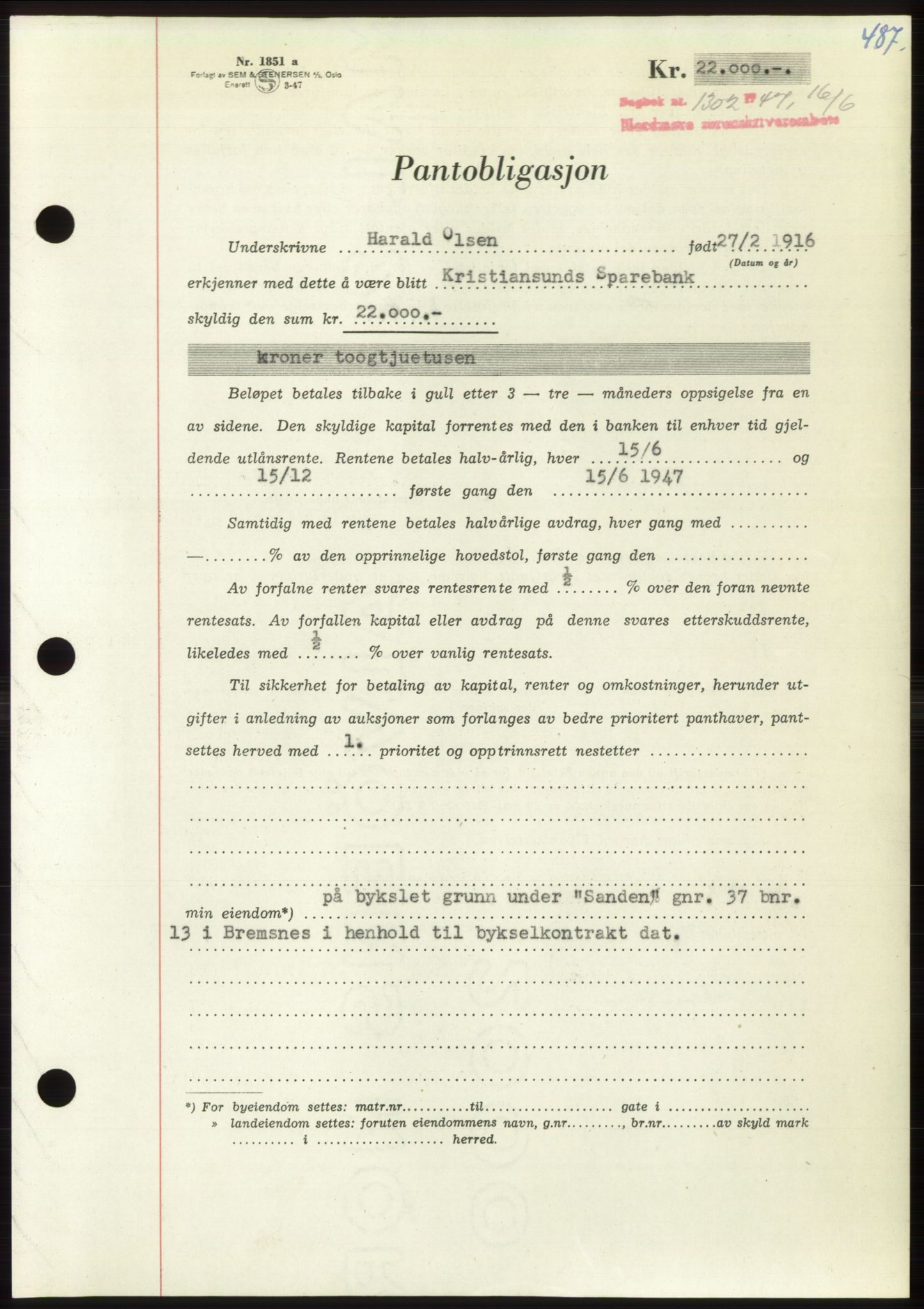 Nordmøre sorenskriveri, AV/SAT-A-4132/1/2/2Ca: Mortgage book no. B96, 1947-1947, Diary no: : 1302/1947