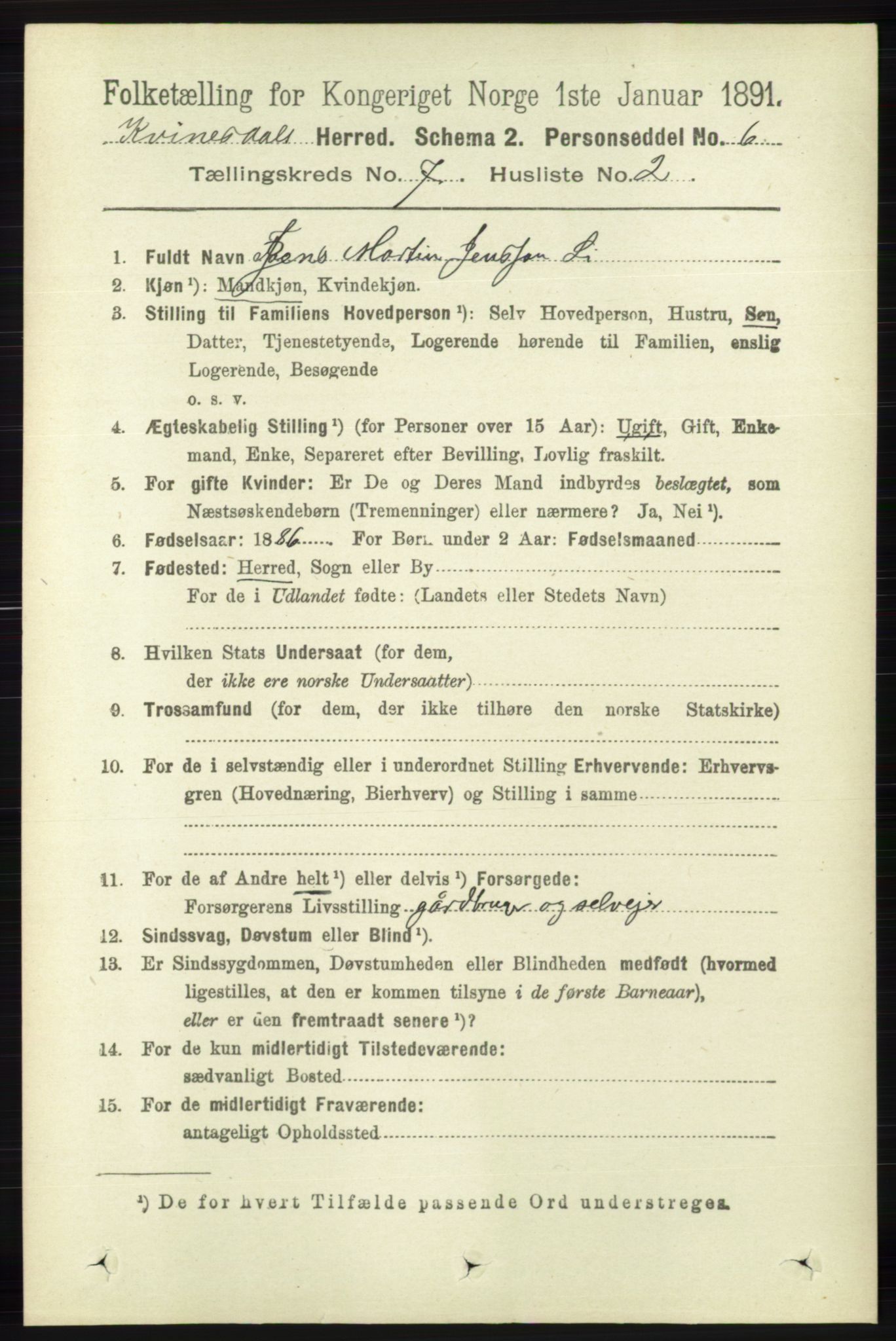 RA, 1891 census for 1037 Kvinesdal, 1891, p. 2433