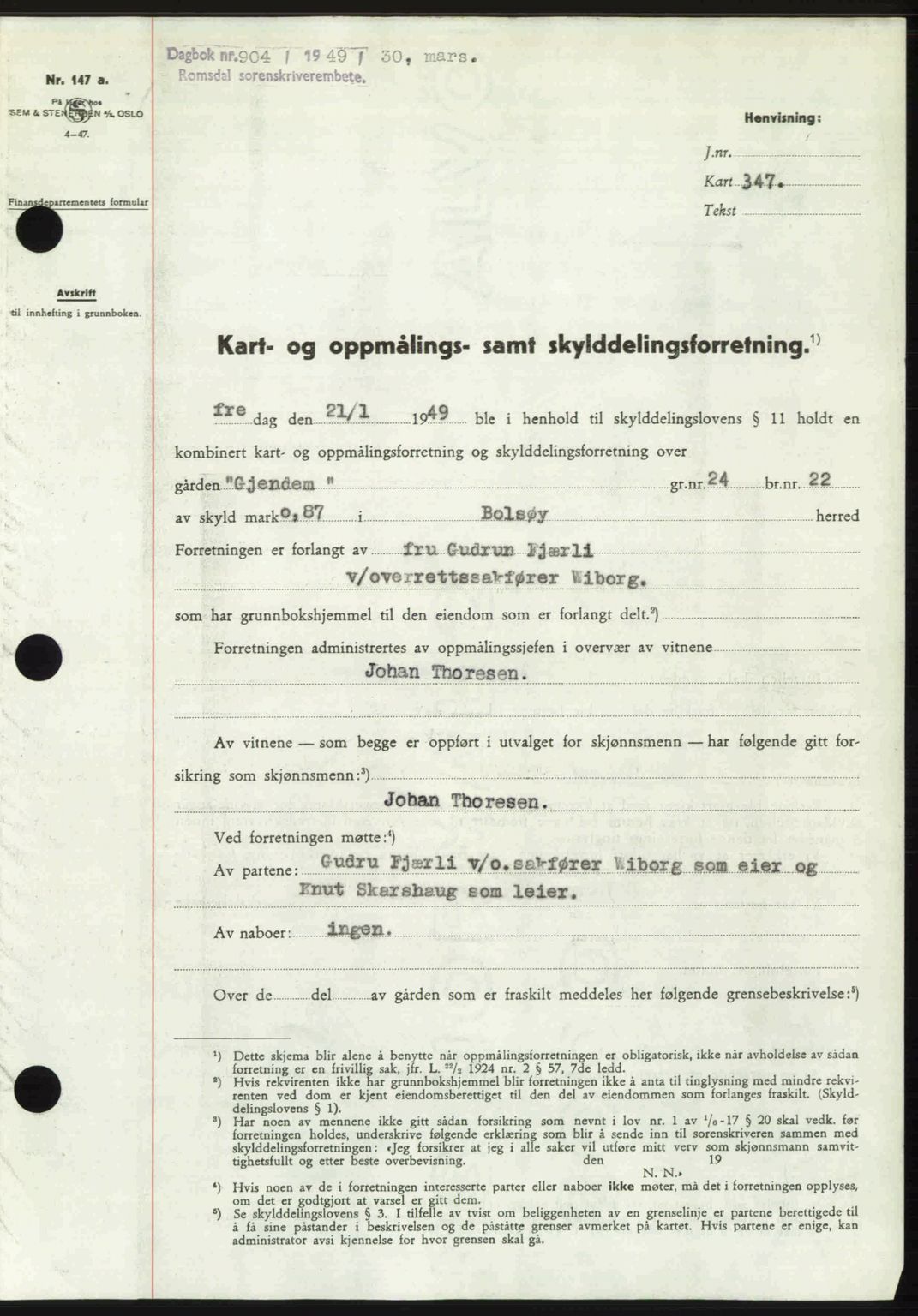 Romsdal sorenskriveri, AV/SAT-A-4149/1/2/2C: Mortgage book no. A29, 1949-1949, Diary no: : 904/1949