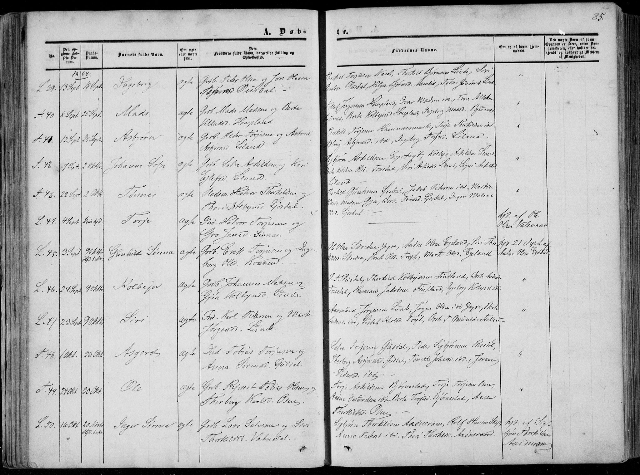 Sirdal sokneprestkontor, SAK/1111-0036/F/Fa/Fab/L0002: Parish register (official) no. A 2, 1855-1874, p. 85