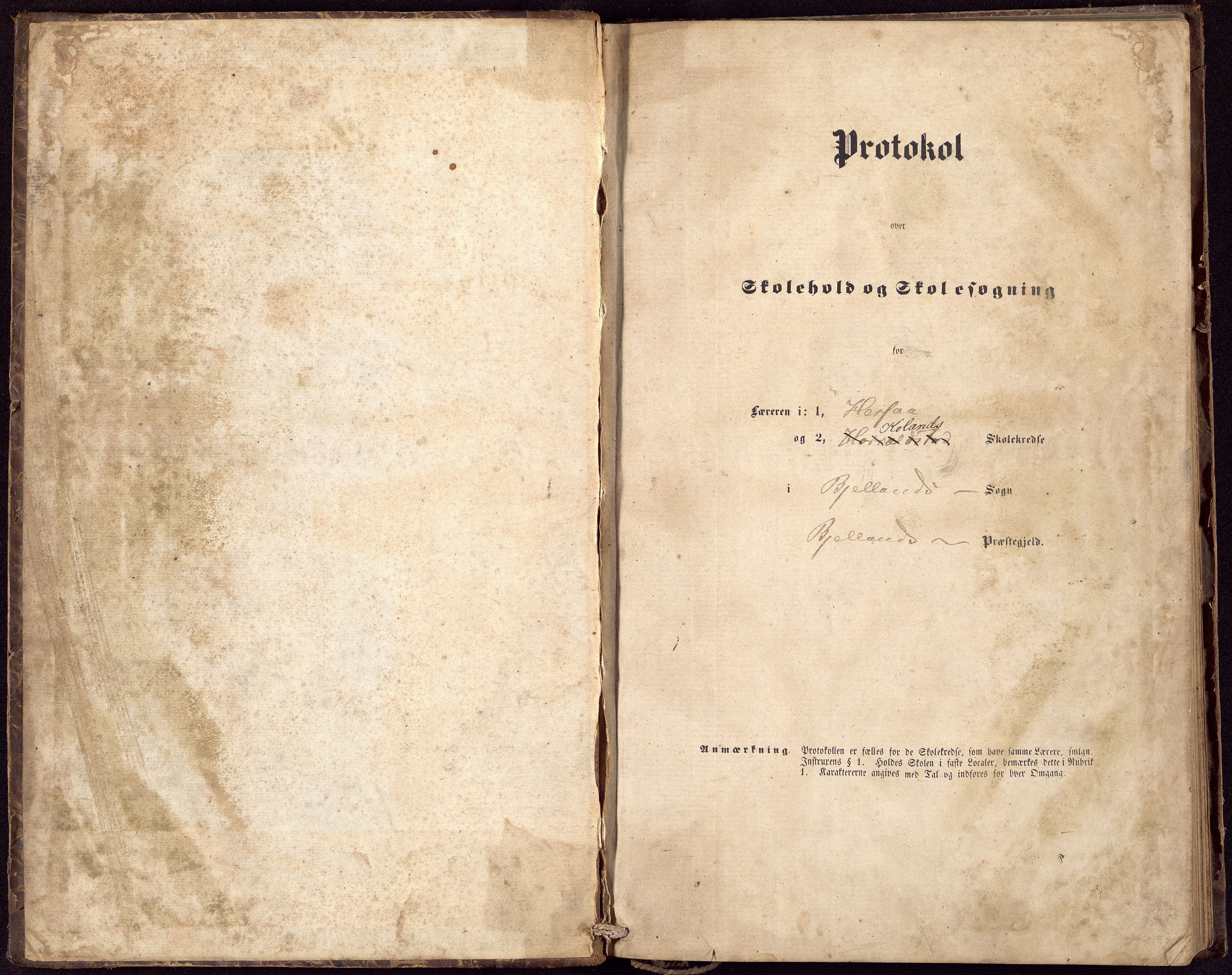 Bjelland og Grindheim kommune - De Enkelte Skoler og Kretser, ARKSOR/1027BG550/H/L0002: Skoleprotokoll, Hesså og Koland kretser, 1863-1881