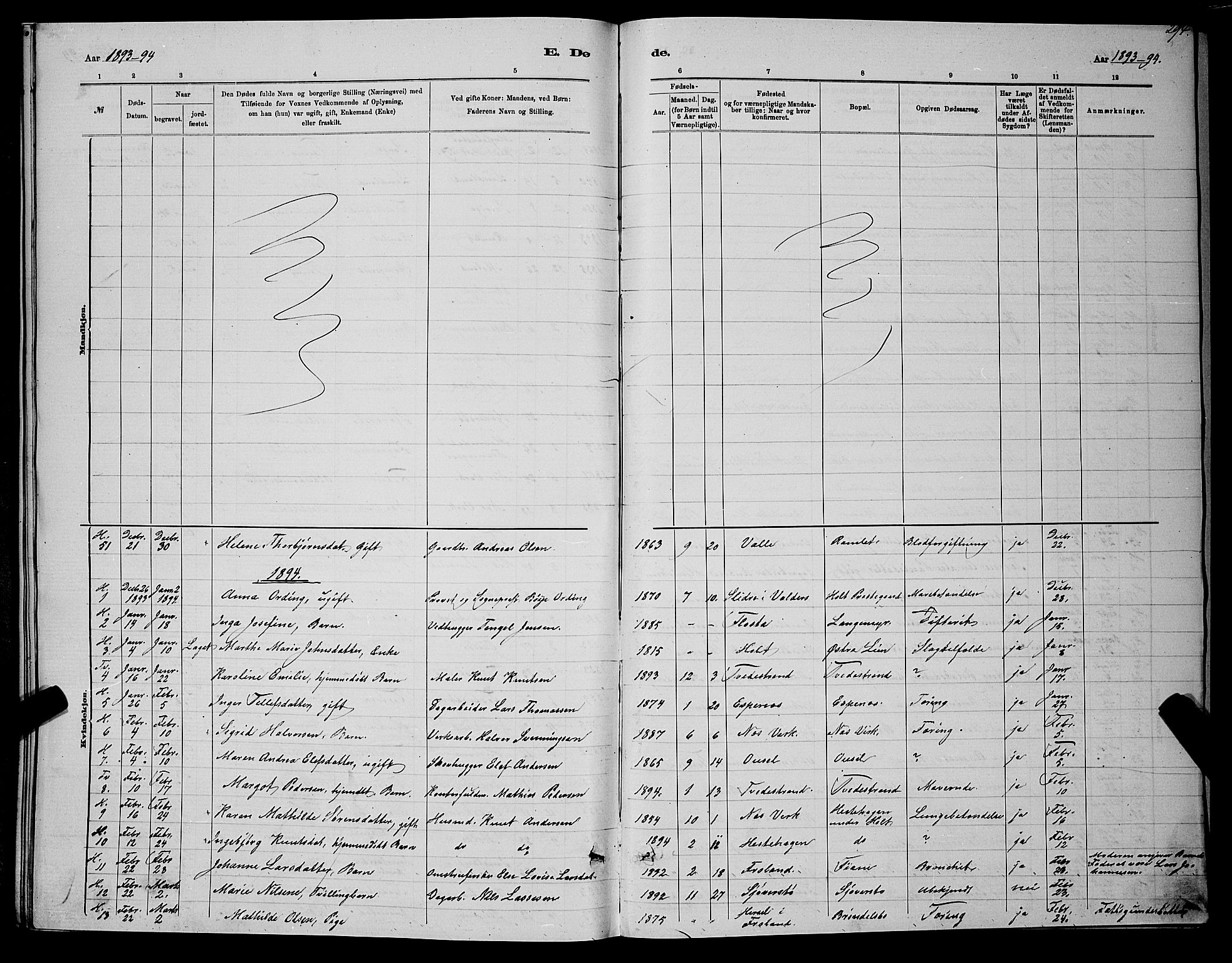 Holt sokneprestkontor, SAK/1111-0021/F/Fb/L0010: Parish register (copy) no. B 10, 1883-1896, p. 294