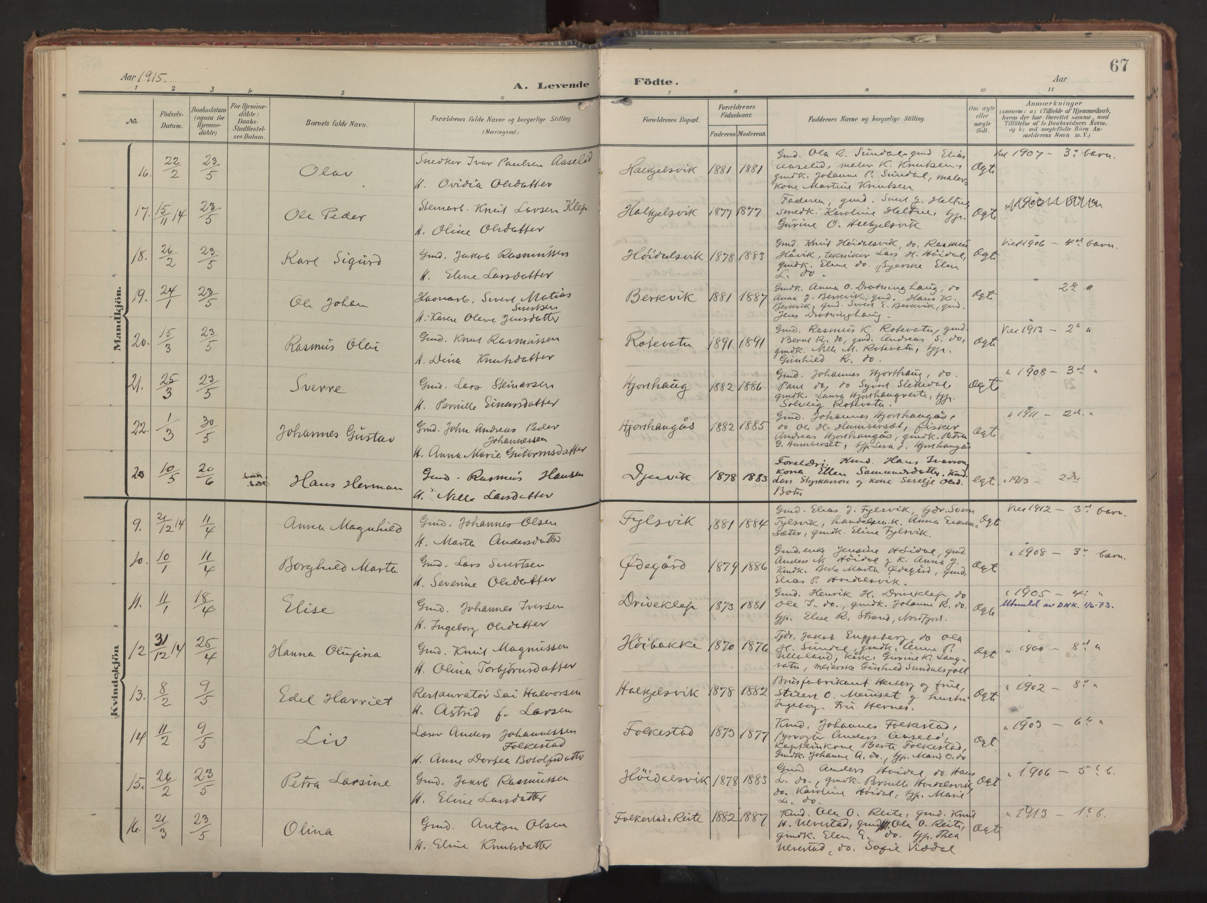 Ministerialprotokoller, klokkerbøker og fødselsregistre - Møre og Romsdal, AV/SAT-A-1454/511/L0144: Parish register (official) no. 511A11, 1906-1923, p. 67