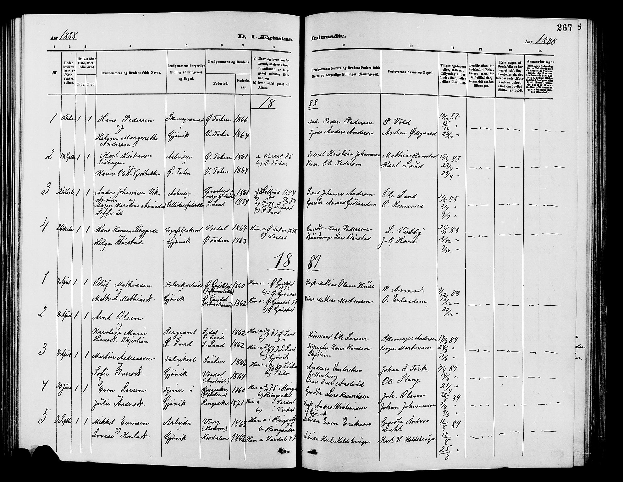 Vardal prestekontor, SAH/PREST-100/H/Ha/Hab/L0007: Parish register (copy) no. 7 /2, 1881-1895, p. 267